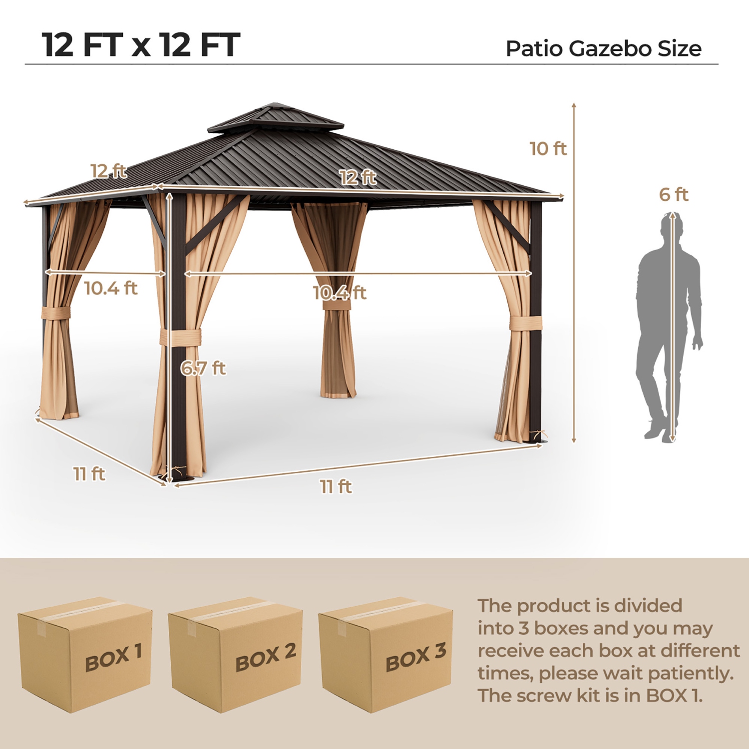 Gymax 12' x 12' Double-Roof Hardtop Gazebo with Galvanized Steel Roof Netting Curtains