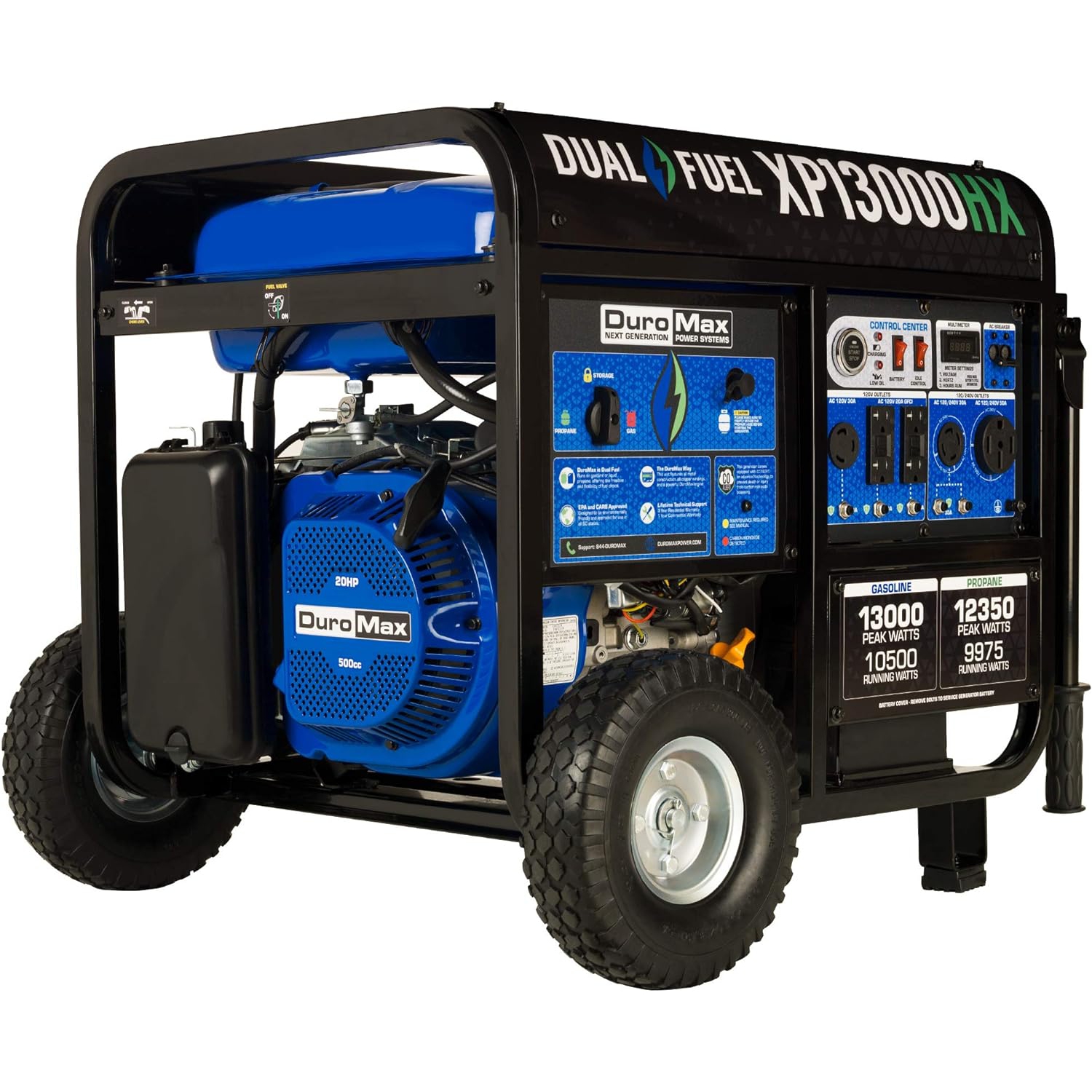DuroMax XP13000HX Dual Fuel Portable Generator - 13000 Watt peak, Gas or Propane Powered - Electric Start w/CO Alert, Blue