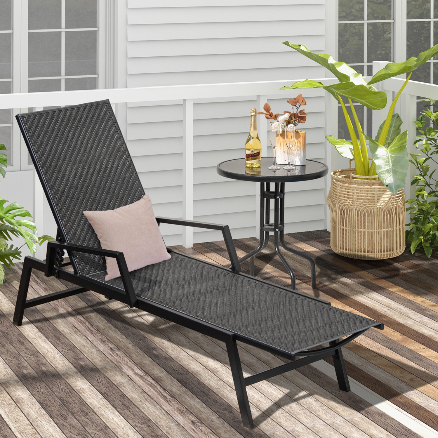 Gymax Wicker Outdoor Chaise Lounge Chair Patio w/ Metal Frame & Adjustable Backrest