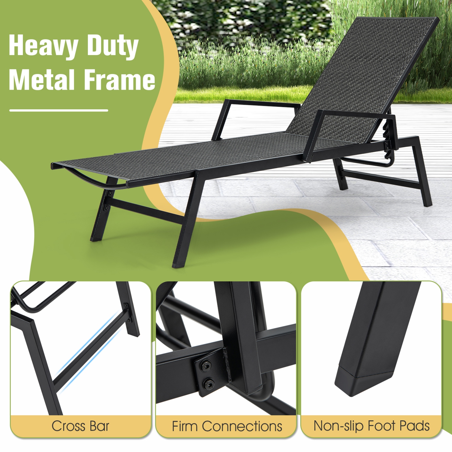 Gymax Wicker Outdoor Chaise Lounge Chair Patio w/ Metal Frame & Adjustable Backrest