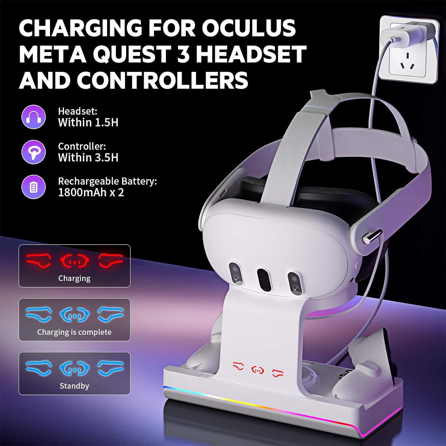 Station de recharge pour Oculus/Meta Quest 3 avec éclairage RVB, recharge rapide USB-C, casque et accessoires de support de manette avec 2 batteries