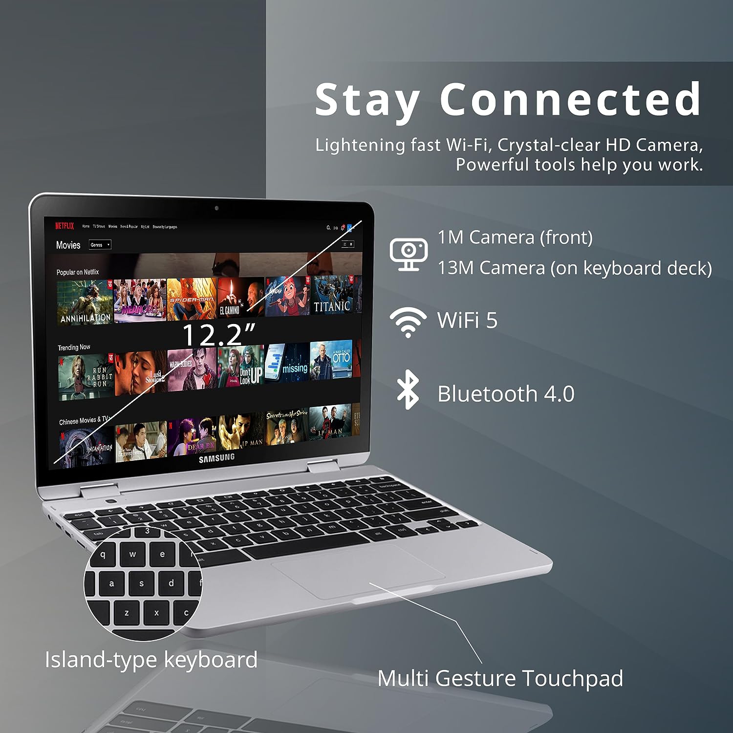 SAMSUNG Chromebook Plus V2 2-in-1 Touchscreen Laptop, 12.2" WUXGA Display, Intel Celeron 3965Y Processor, 4GB RAM, 64GB eMMC, Wi-Fi 5, Bluetooth,