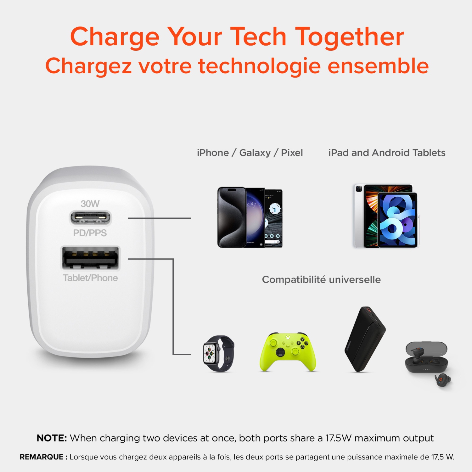 HyperGear 30W Dual Port USB-C PD & USB-A (18W Max) Wall Charger Hub - White