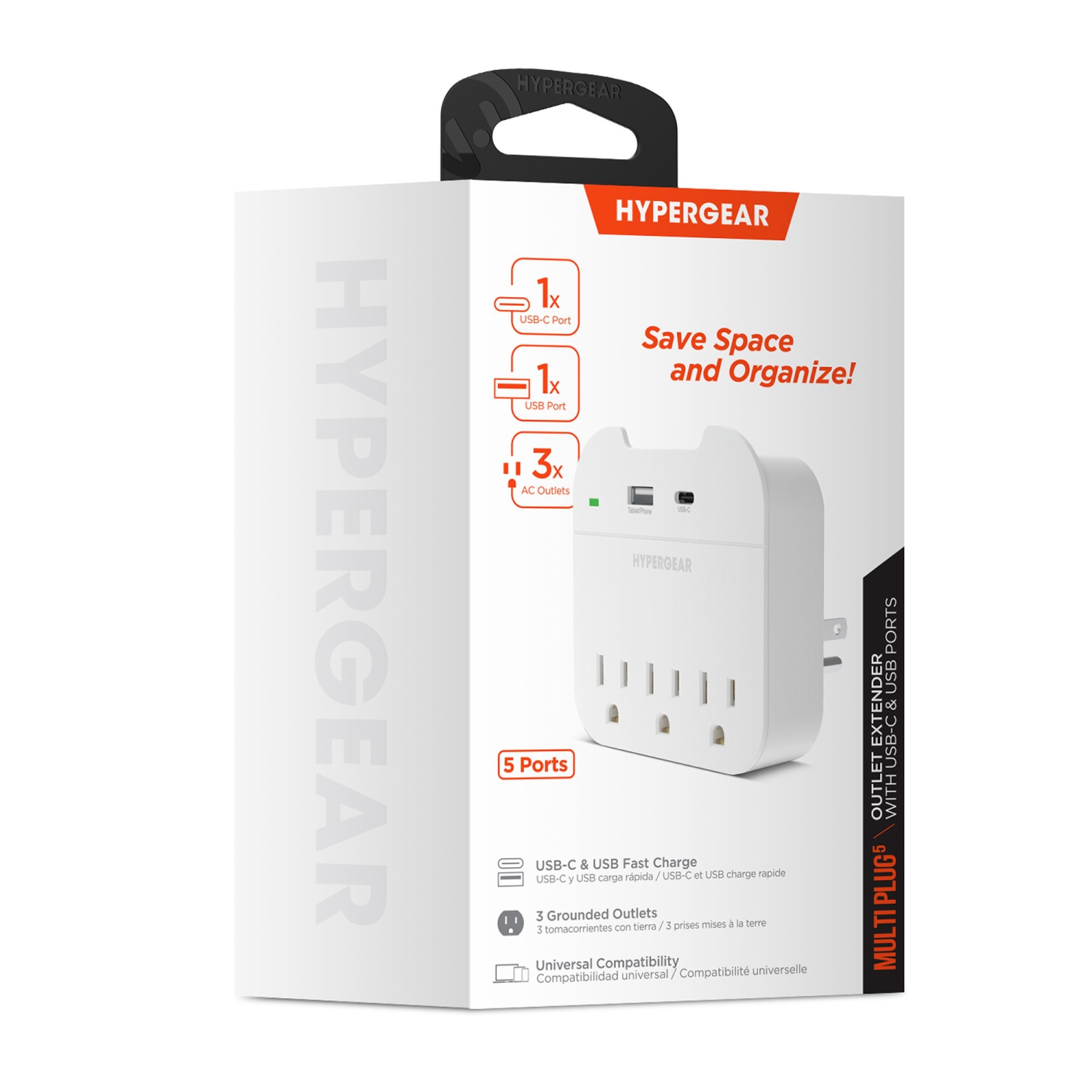 HyperGear Multi Plug 5 Outlet Extender with USB-C & USB Ports - White