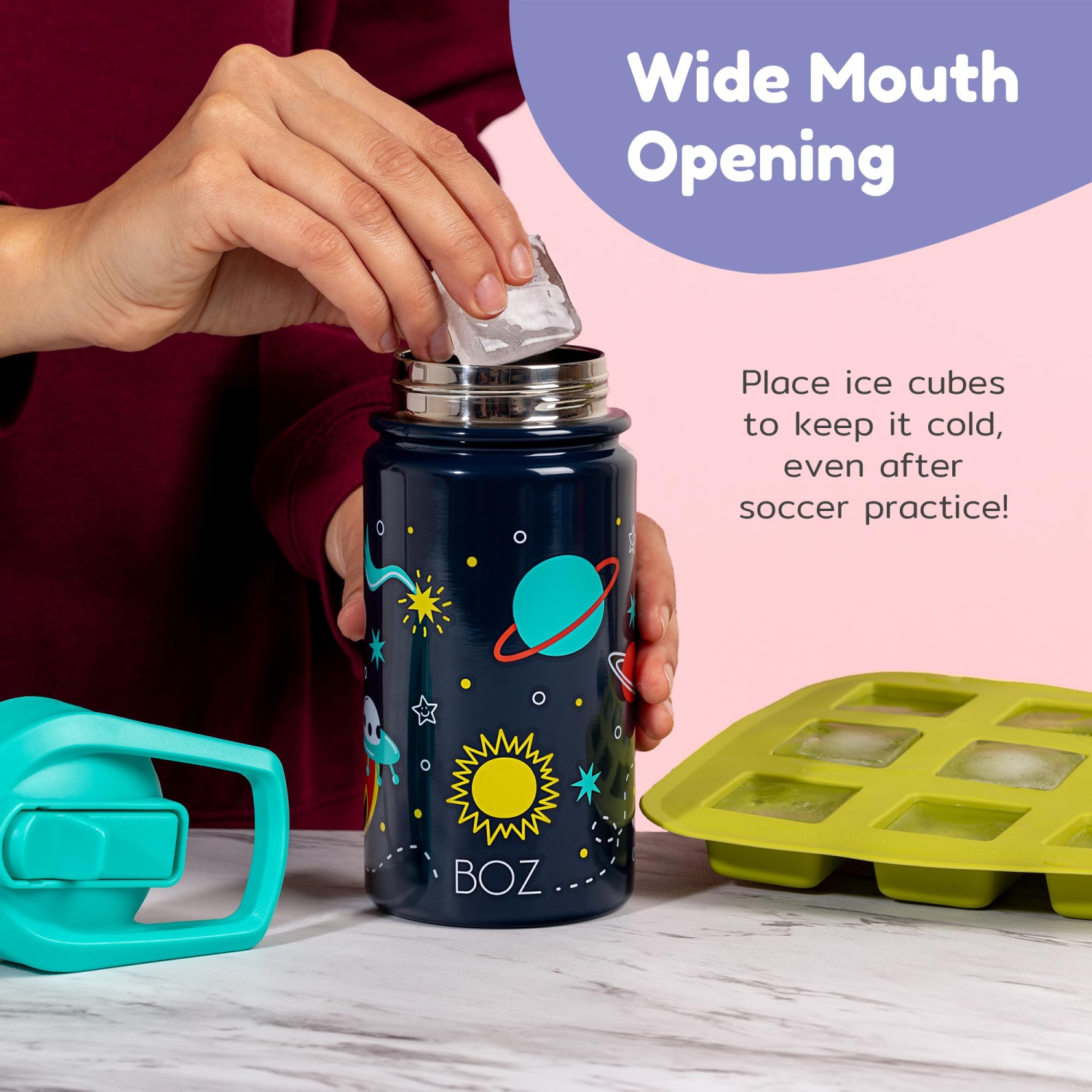 BOZ Kids Insulated Water Bottle with Straw Lid - Two-Pack Bundle, Shark / Dinosaur Stainless Steel Vacuum Double Wall Water Cup, 14 oz.