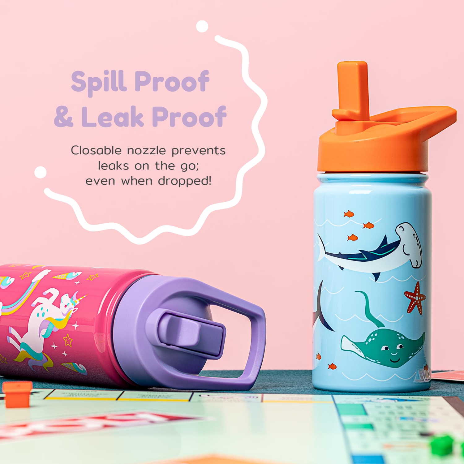 BOZ Kids Insulated Water Bottle with Straw Lid - Two-Pack Bundle, Unicord / Mermaid, Stainless Steel Vacuum Double Wall Water Cup, 14 oz.