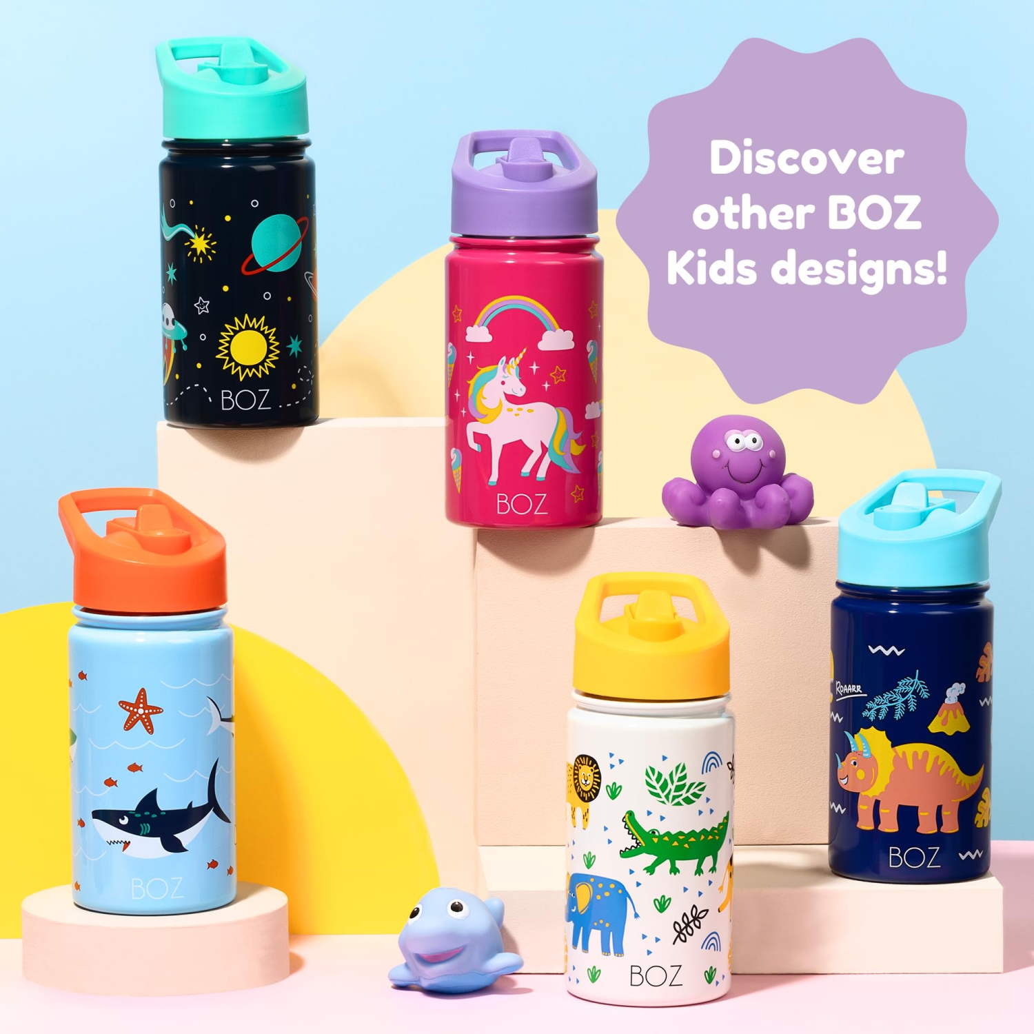 BOZ Kids Insulated Water Bottle with Straw Lid - Two-Pack Bundle, Unicord / Mermaid, Stainless Steel Vacuum Double Wall Water Cup, 14 oz.