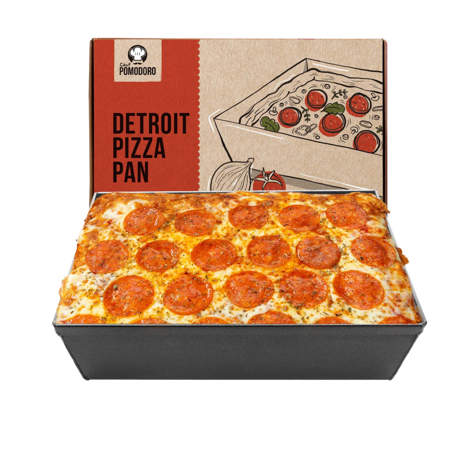 Chef Pomodoro Authentic Detroit-Style Pizza Pan, Compact 10 x 8-Inch, Commercial-Grade Hard Anodized Aluminum, Pre-Seasoned Deep Dish Bakeware,