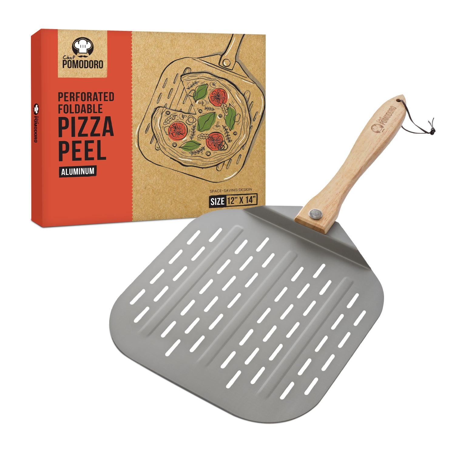 Chef Pomodoro Perforated Aluminum Metal Pizza Peel with Foldable Wood Handle for Easy Storage, Pizza Spatula, Premium Pizza Paddle with Holes for