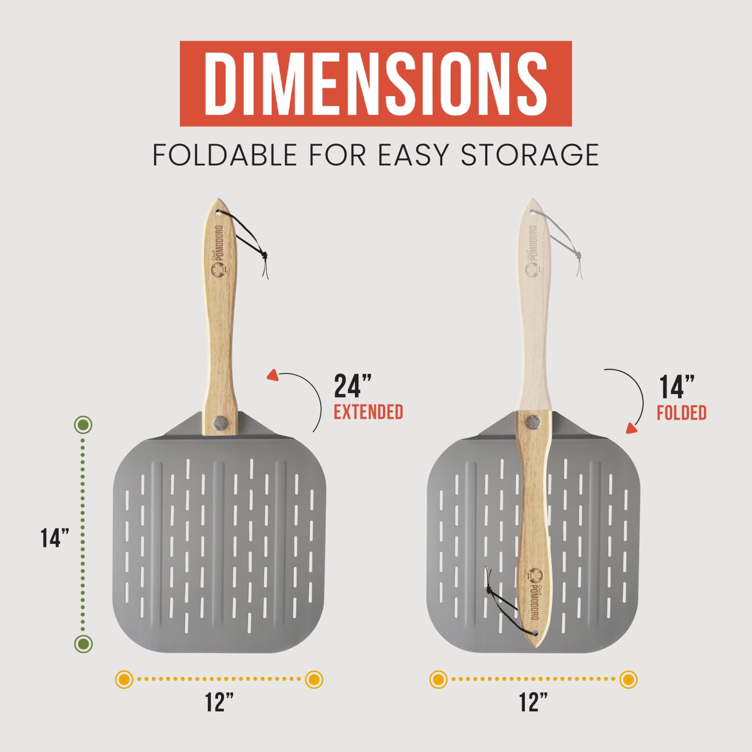 Chef Pomodoro Perforated Aluminum Metal Pizza Peel with Foldable Wood Handle for Easy Storage, Pizza Spatula, Premium Pizza Paddle with Holes for