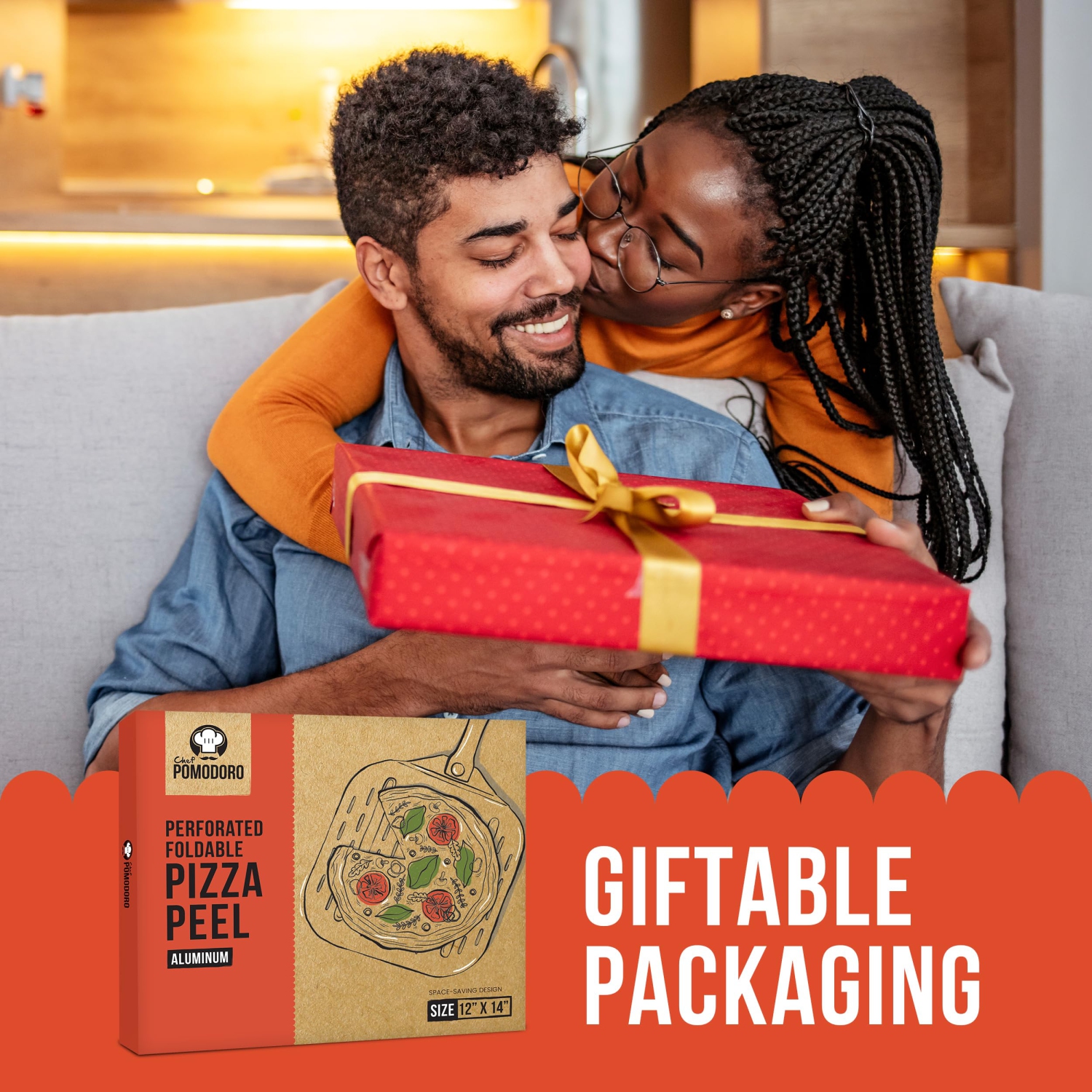 Chef Pomodoro Perforated Aluminum Metal Pizza Peel with Foldable Wood Handle for Easy Storage, Pizza Spatula, Premium Pizza Paddle with Holes for