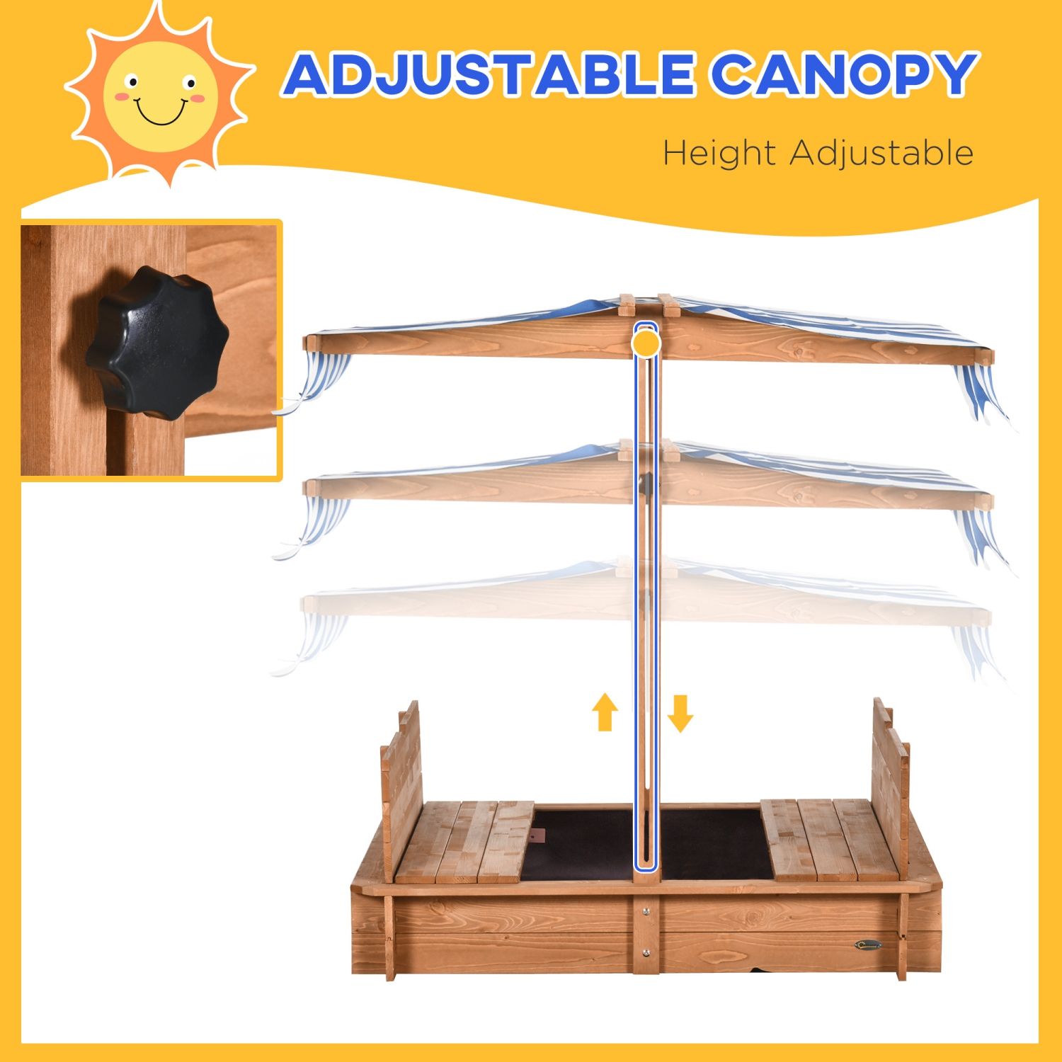 Outsunny Kids – Bac à sable en bois avec auvent réglable et escamotable et banquettes pliables pour 3-7 ans, rouge