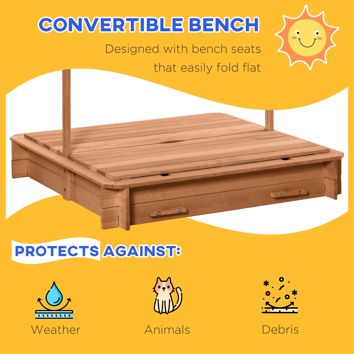 Outsunny Kids – Bac à sable en bois avec auvent réglable et escamotable et banquettes pliables pour 3-7 ans, rouge
