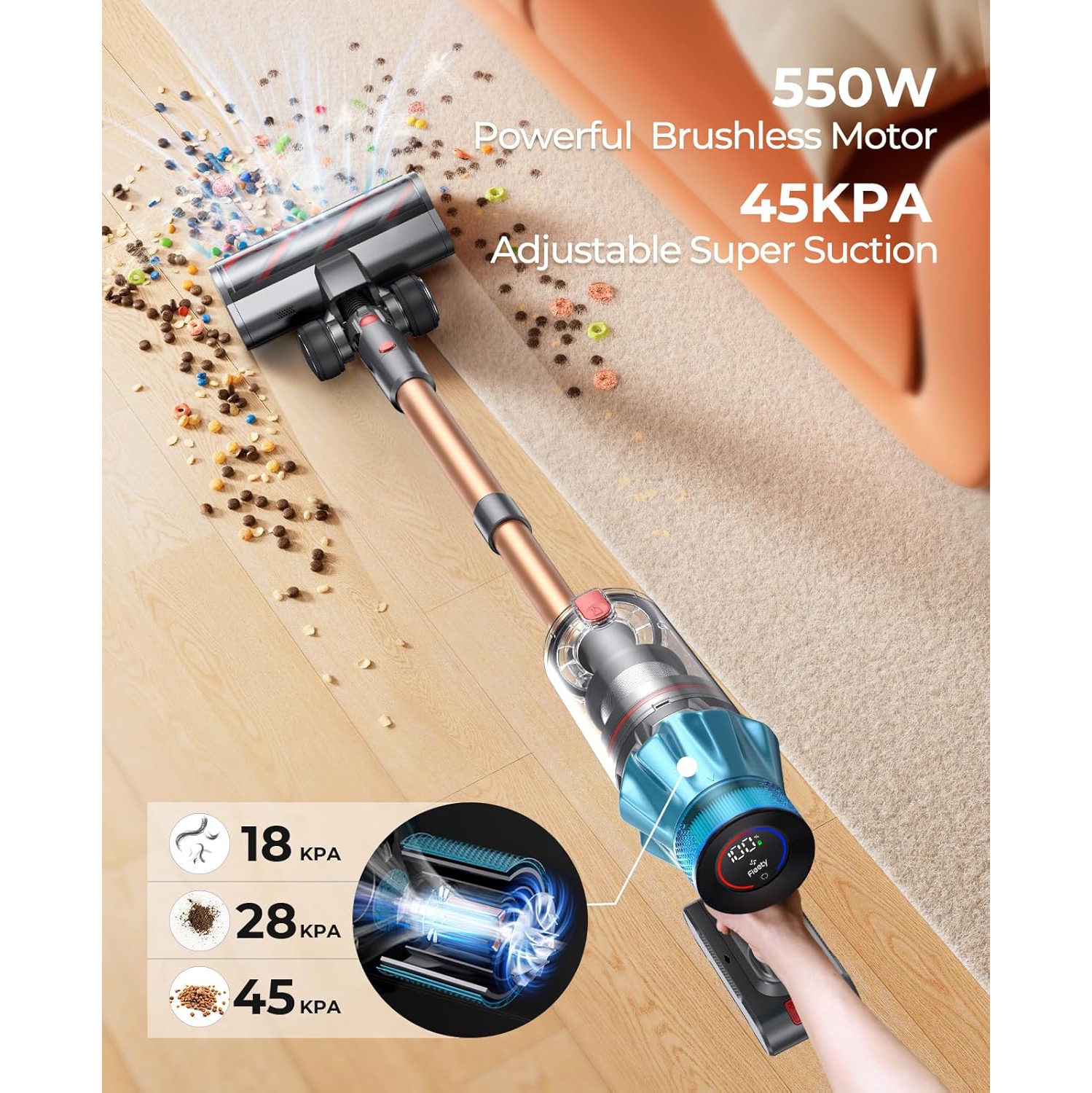 Aspirateur-balai sans fil 450&nbsp;W 38KPA de HONITURE avec écran tactile 60&nbsp;min batterie d'exécution aspirateur à main aspirateur sans fil