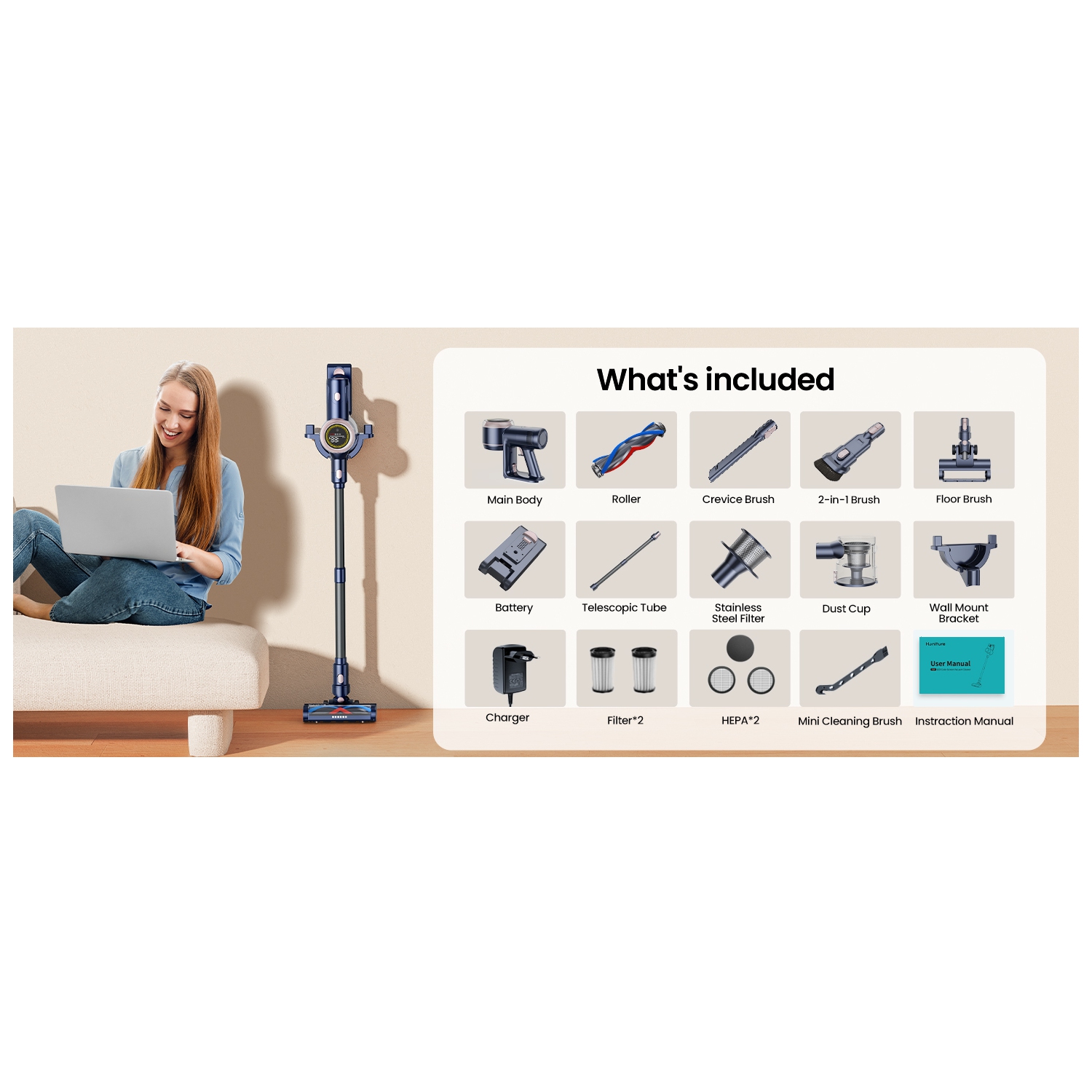 Aspirateur-balai sans fil 450&nbsp;W 38KPA de HONITURE avec écran tactile 60&nbsp;min batterie d'exécution aspirateur à main aspirateur sans fil