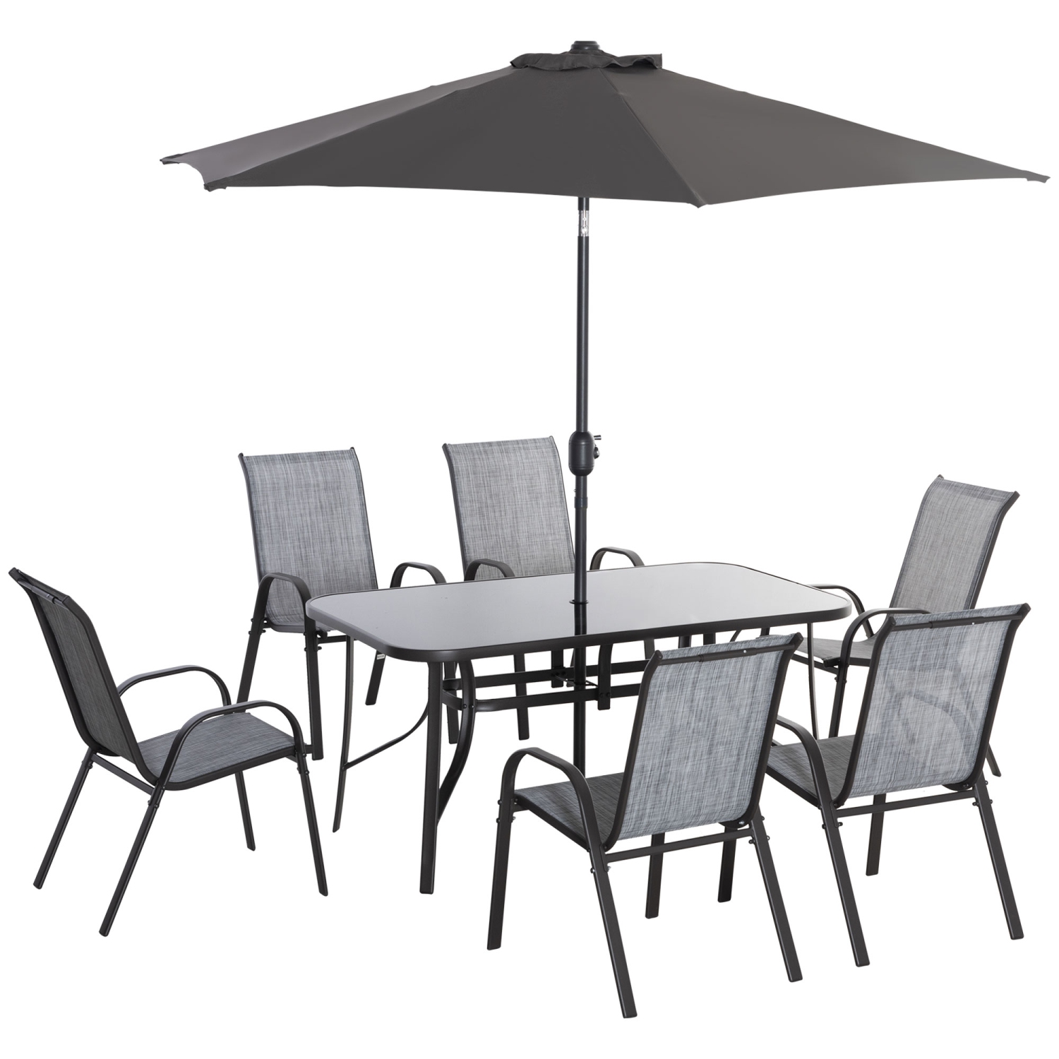 Ensemble patio Outsunny pour 6 avec parasol, ensemble patio extérieur 8 pièces, 6 chaises en filet, table rectangulaire à surface en verre et parasol