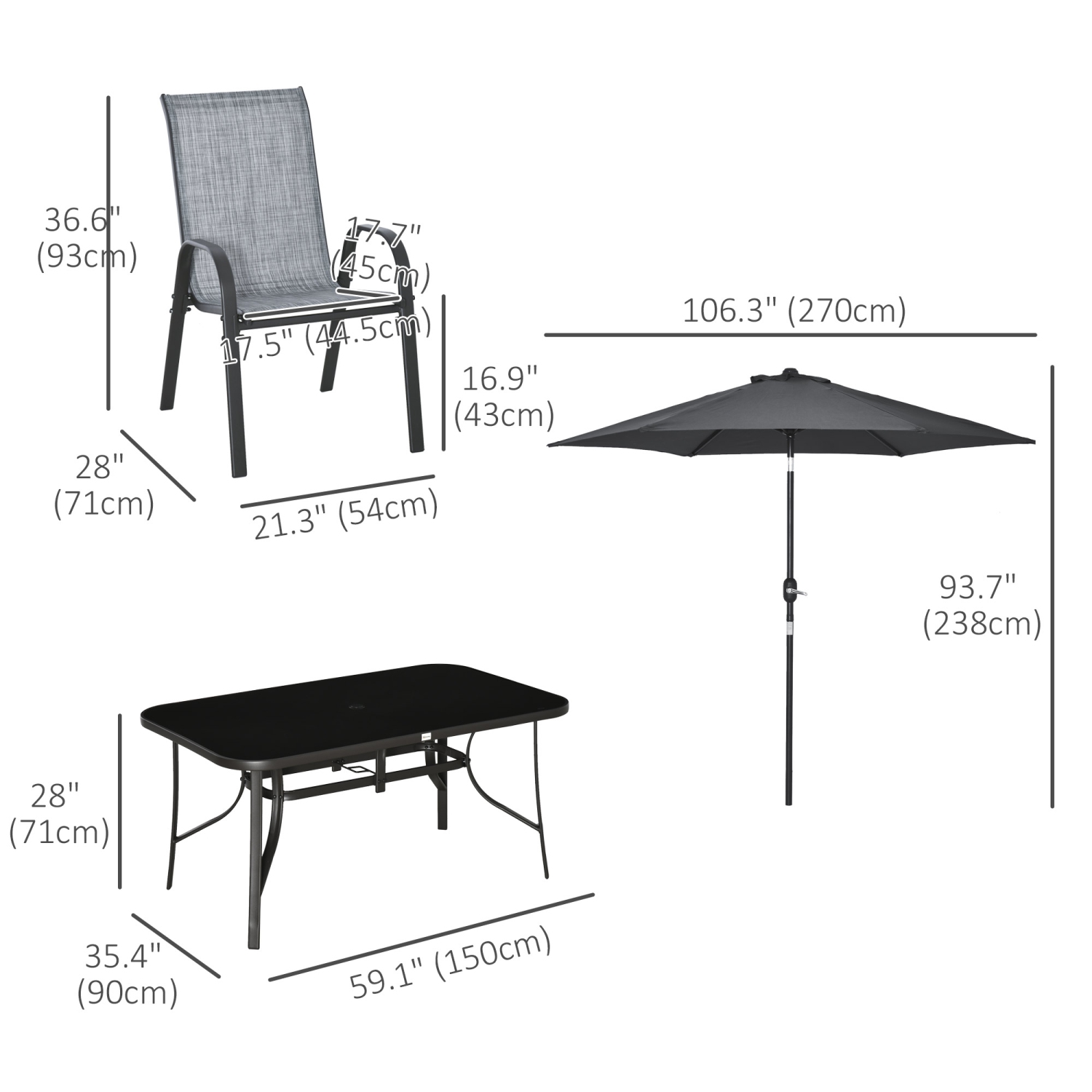 Ensemble patio Outsunny pour 6 avec parasol, ensemble patio extérieur 8 pièces, 6 chaises en filet, table rectangulaire à surface en verre et parasol