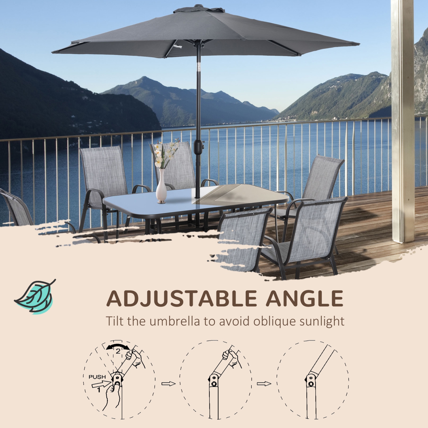 Ensemble patio Outsunny pour 6 avec parasol, ensemble patio extérieur 8 pièces, 6 chaises en filet, table rectangulaire à surface en verre et parasol