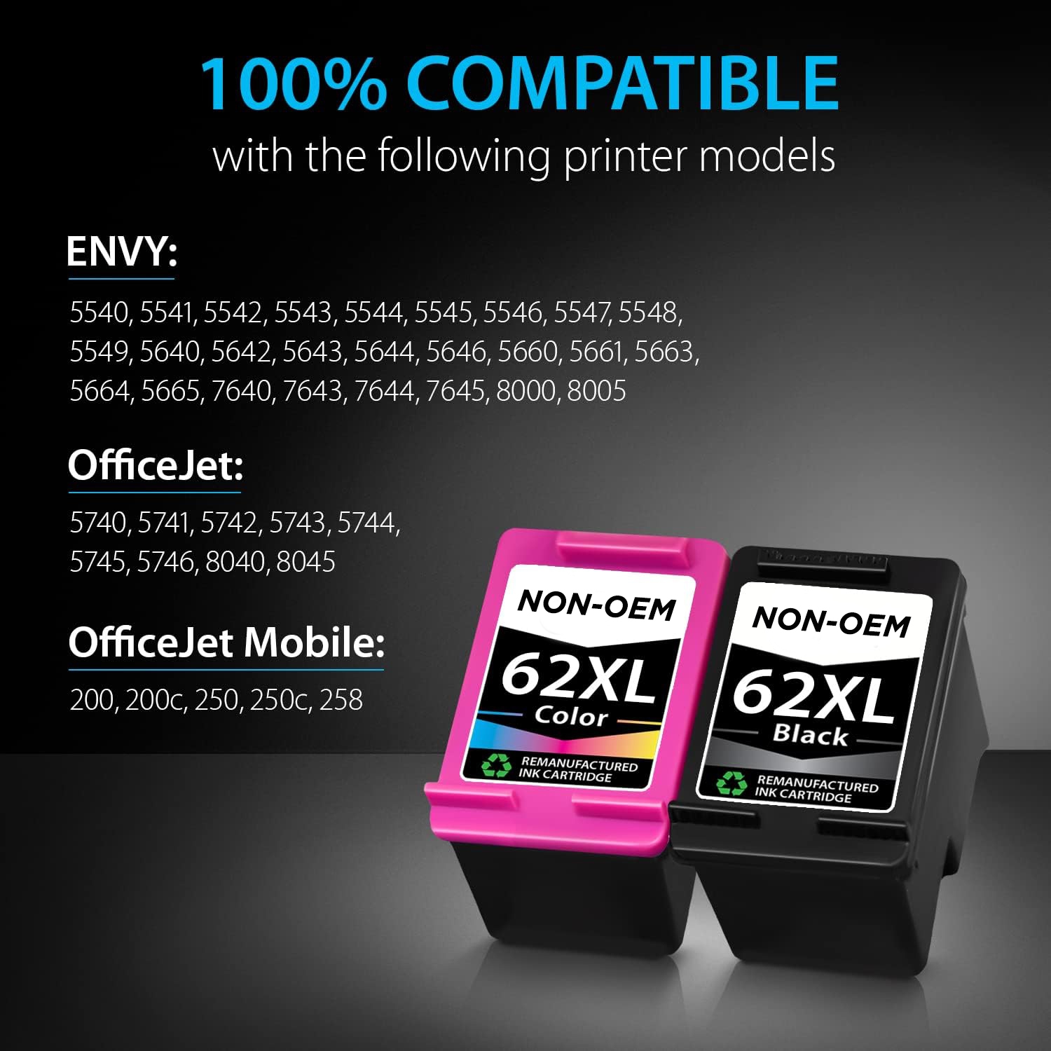 [High Yield] 2BK Remanufactured Ink Cartridge Replacement for HP 62XL hp62 ink- HP ENVY 5540, 5640, 5660, 7640 Series, HP OfficeJet 5740, 8040