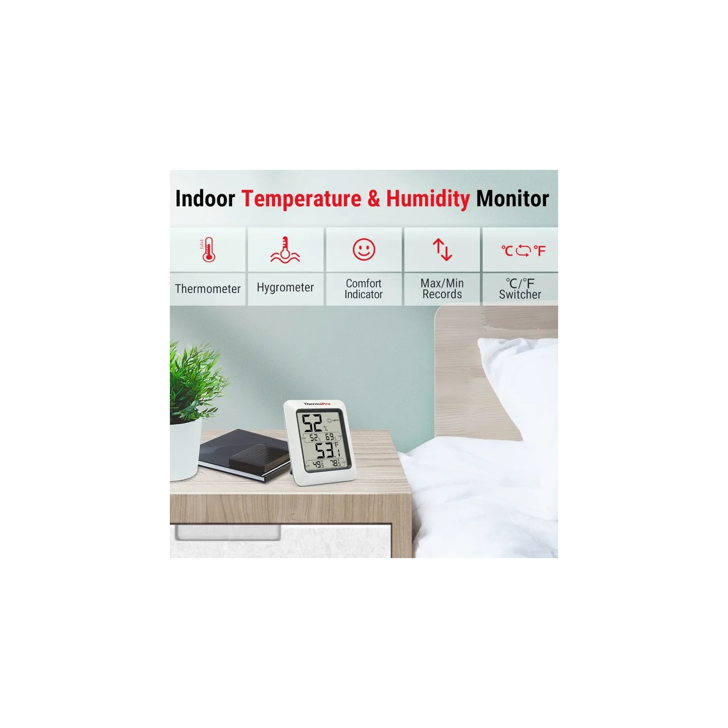 TP50 Digital Hygrometer Indoor Thermometer with Max/Min Records Room Thermometer and Humidity Monitor with Large LCD Display Humidity Meter for Baby