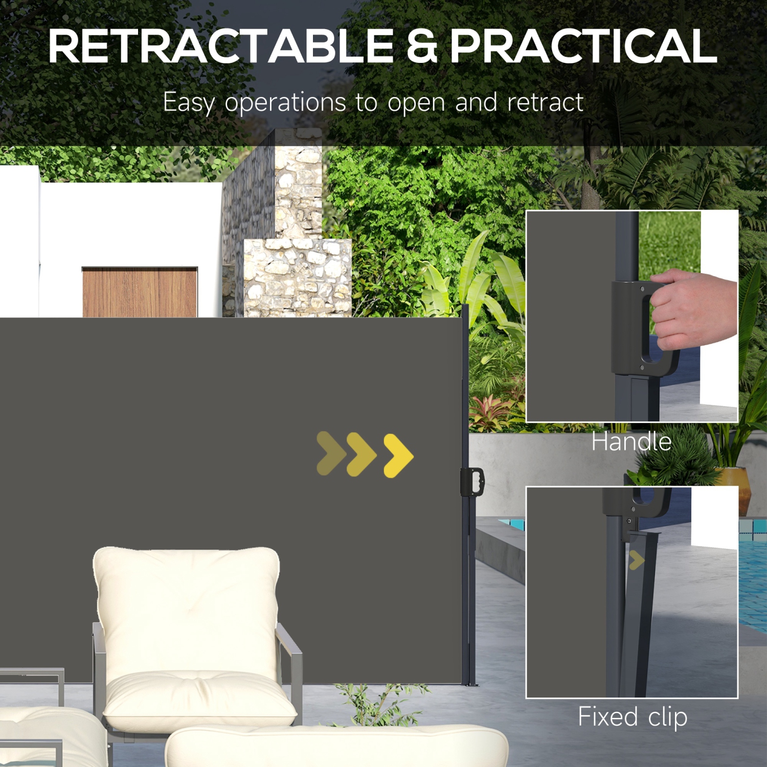 Auvent rétractable Outsunny 13 x 5 pi, séparateur écran de confidentialité jardin, coupe-vent à cassette complète pour bain à remous, balcon,