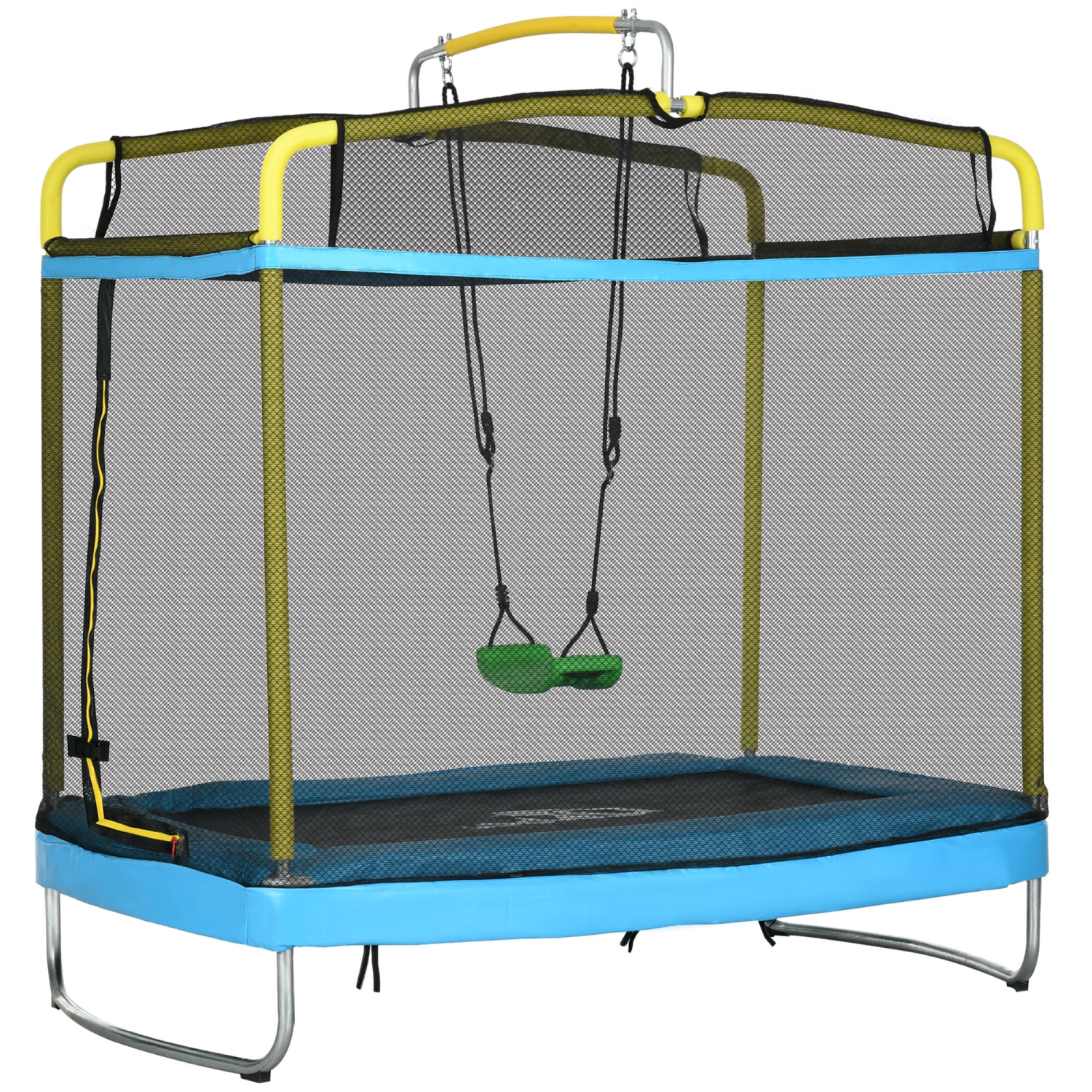 Qaba 6.9FT Trampoline for Kids, 3 In 1 Mini Trampoline with Safety Net, Gymnastics Bar, Swing, Toddler Trampoline for Baby 3+ Years Old Indoor/Outdoor Use, Light Blue