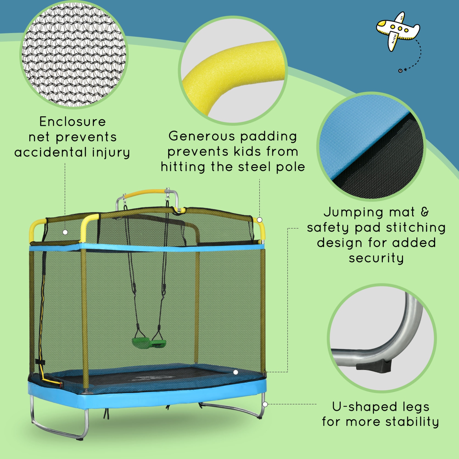 Qaba 6.9FT Trampoline for Kids, 3 In 1 Mini Trampoline with Safety Net, Gymnastics Bar, Swing, Toddler Trampoline for Baby 3+ Years Old