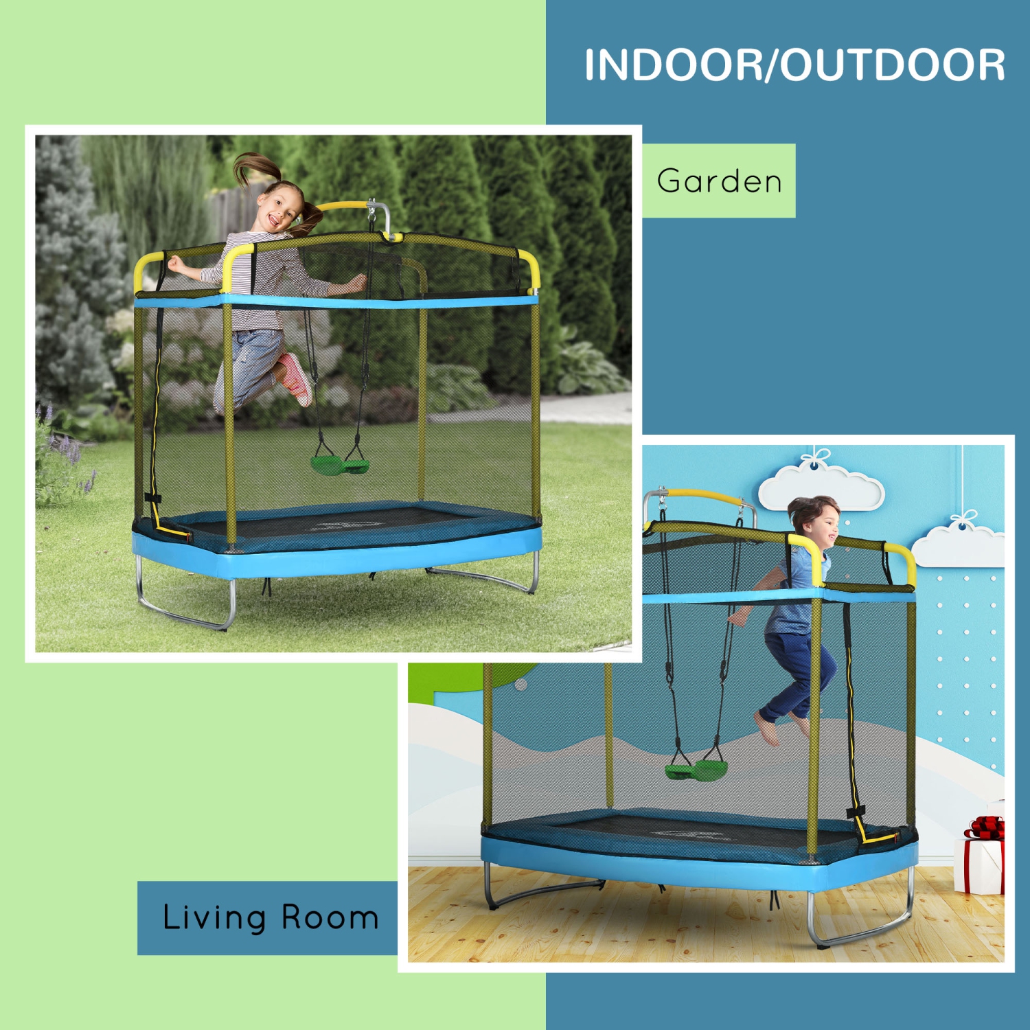 Qaba 6.9FT Trampoline for Kids, 3 In 1 Mini Trampoline with Safety Net, Gymnastics Bar, Swing, Toddler Trampoline for Baby 3+ Years Old