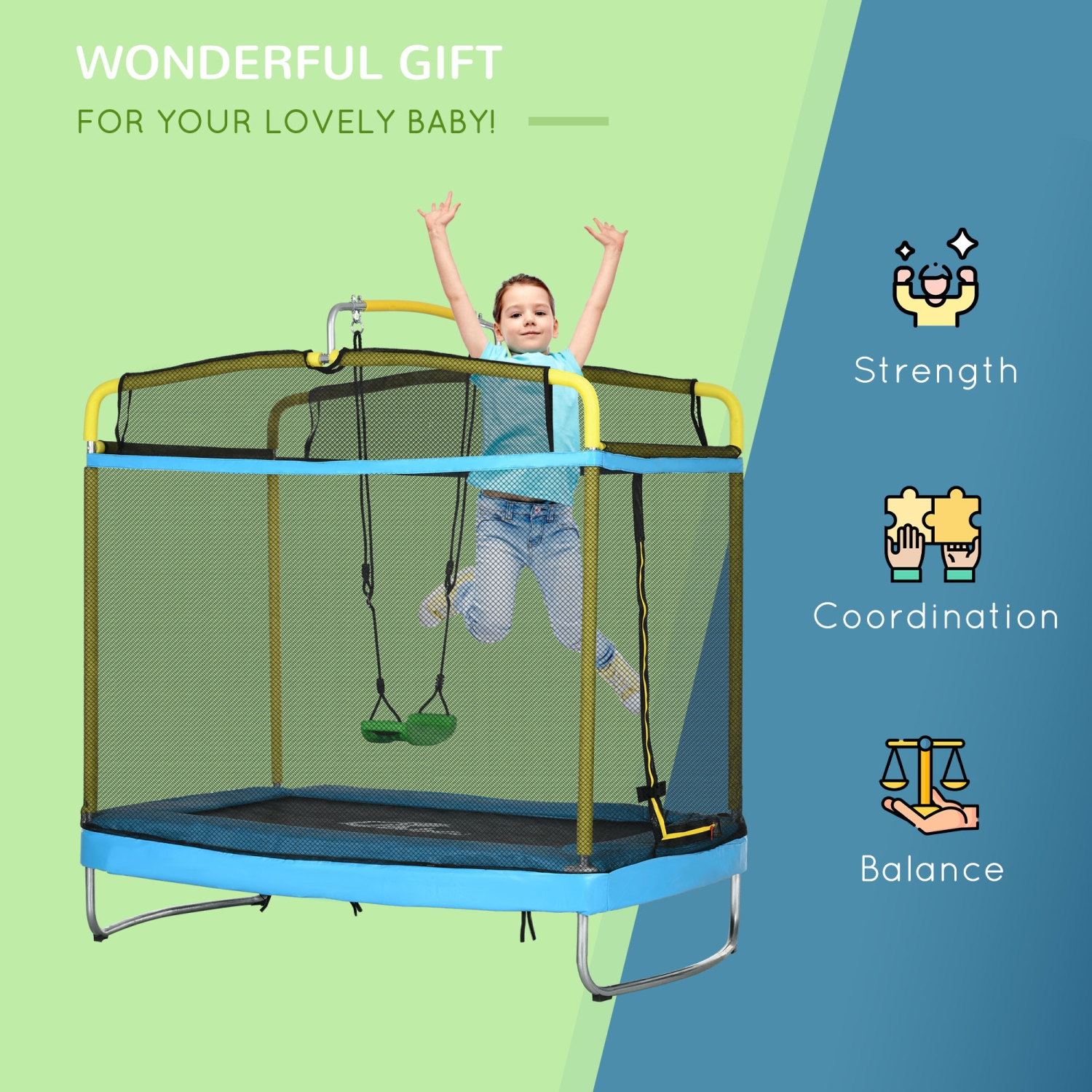 Qaba 6.9FT Trampoline for Kids, 3 In 1 Mini Trampoline with Safety Net, Gymnastics Bar, Swing, Toddler Trampoline for Baby 3+ Years Old