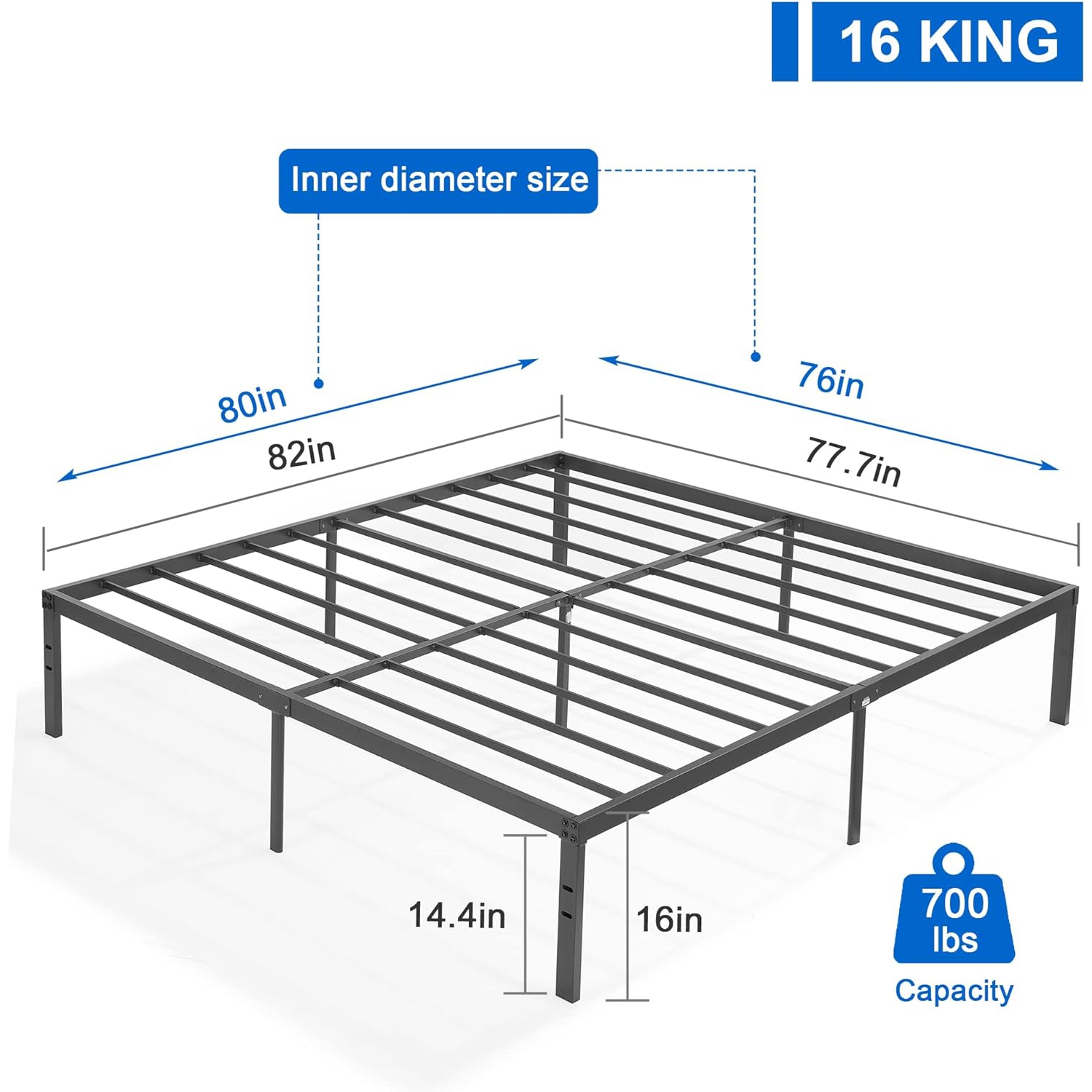 16 Inch Metal Platform Bed Frame/ Easy Assembly Mattress Foundation /Heavy Duty Steel Slat/ /No Box Spring Needed- King Size