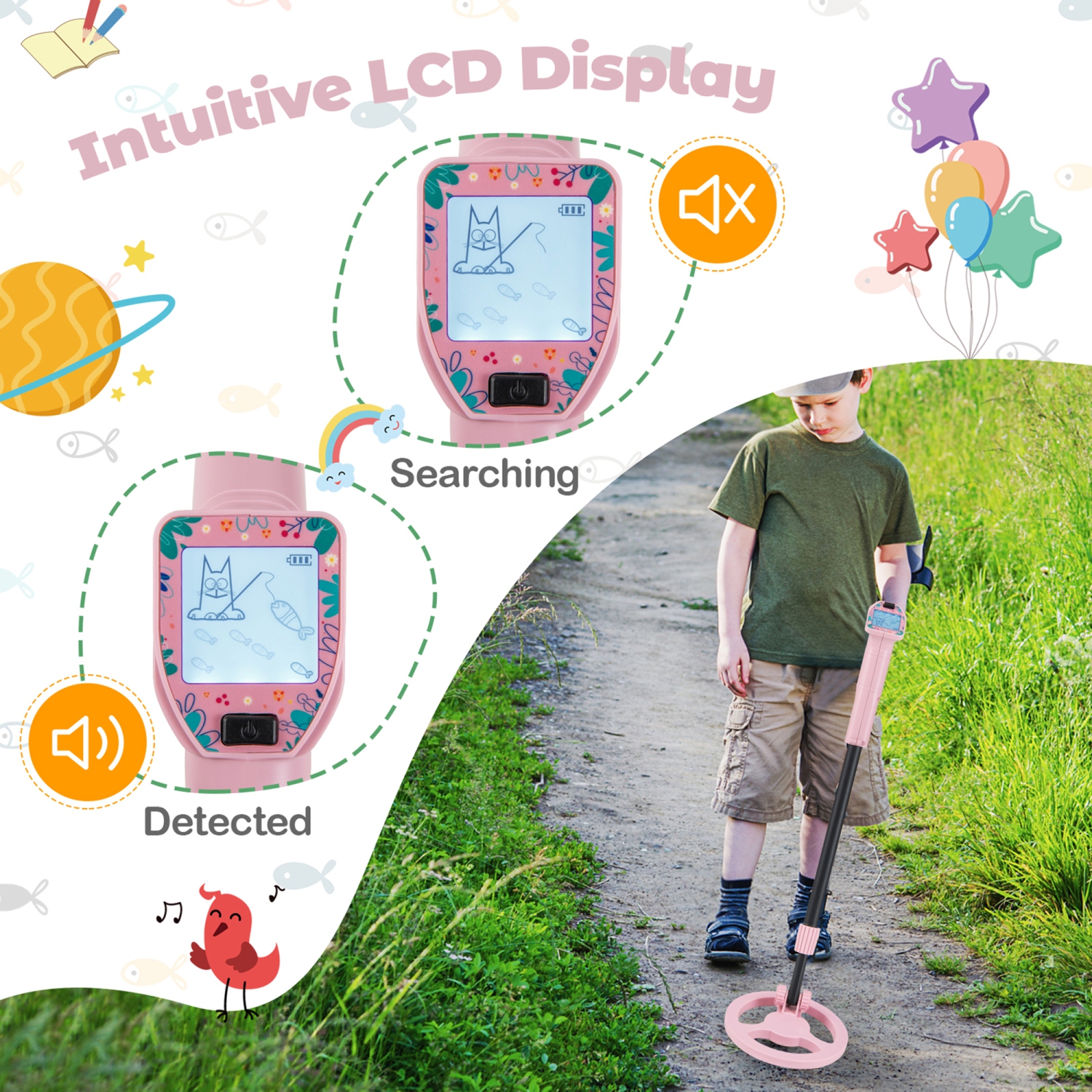 Gymax 24.5''-33.5'' Metal Detector for Kids with LCD Display IP68 Waterproof