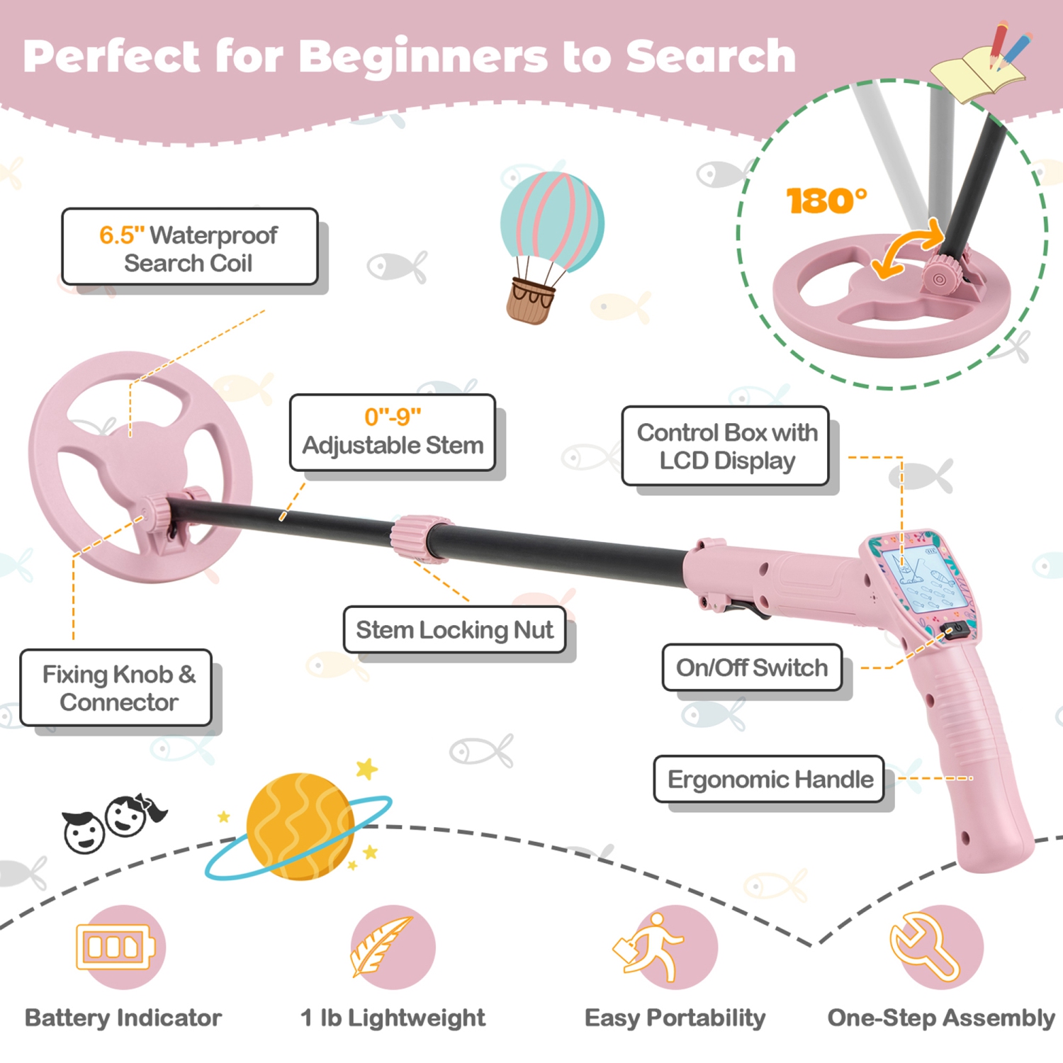 Gymax 24.5''-33.5'' Metal Detector for Kids with LCD Display IP68 Waterproof