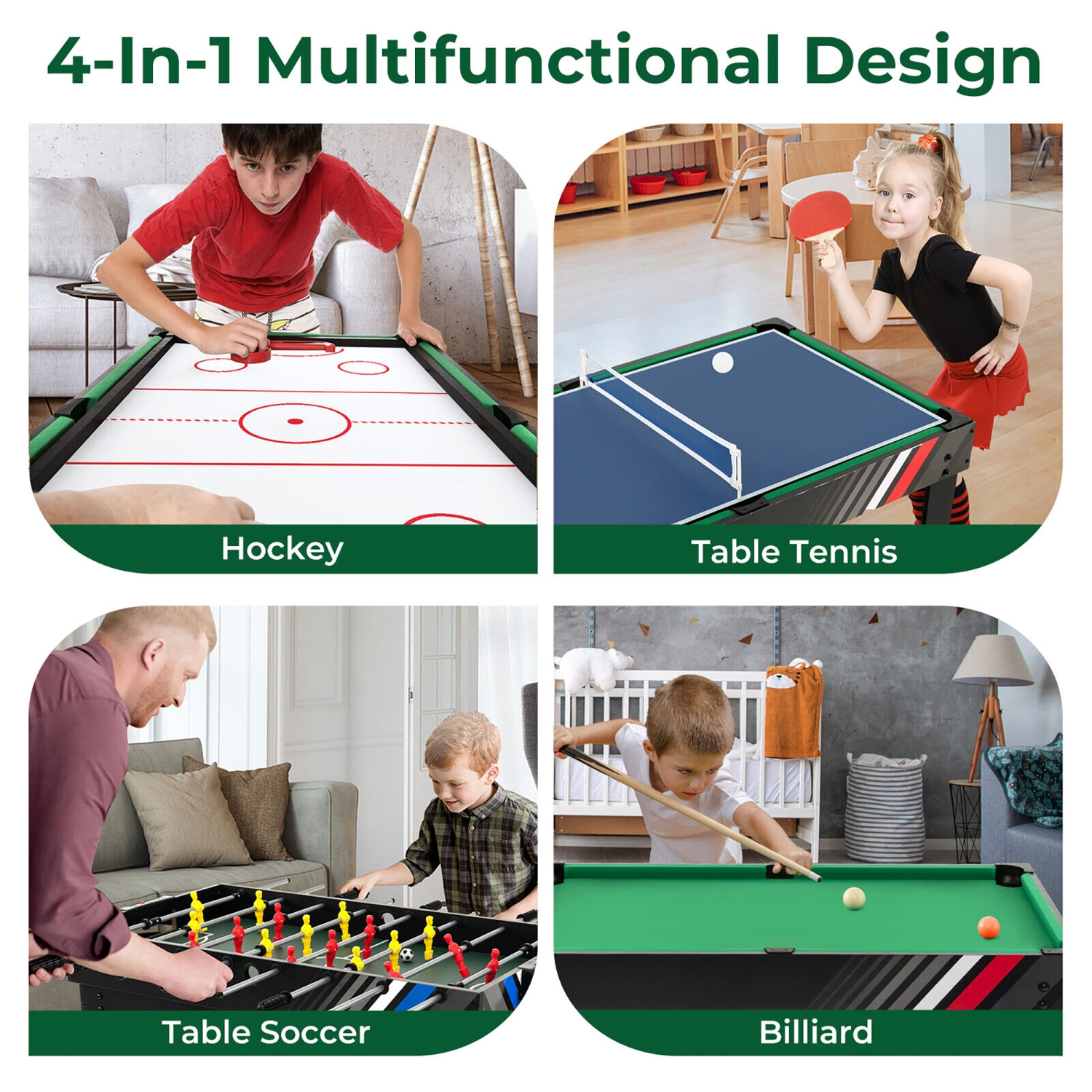 Gymax 4-in-1 Multi Game Table 49'' Combo Game Set W/Soccer Billiards for Home Play Room