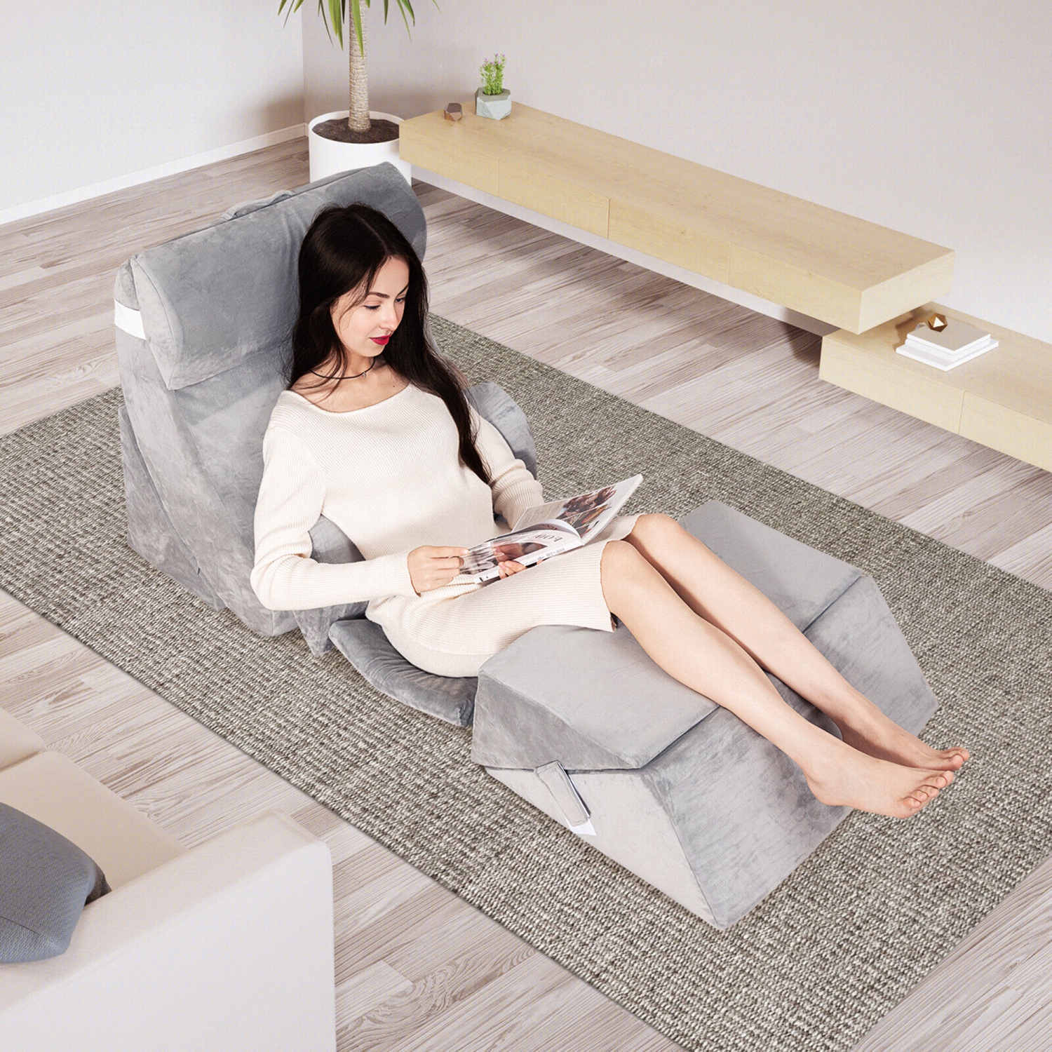 Gymax 7PCS Bed Wedge Pillow Set Adjustable Back Neck Leg Support Memory Foam Grey