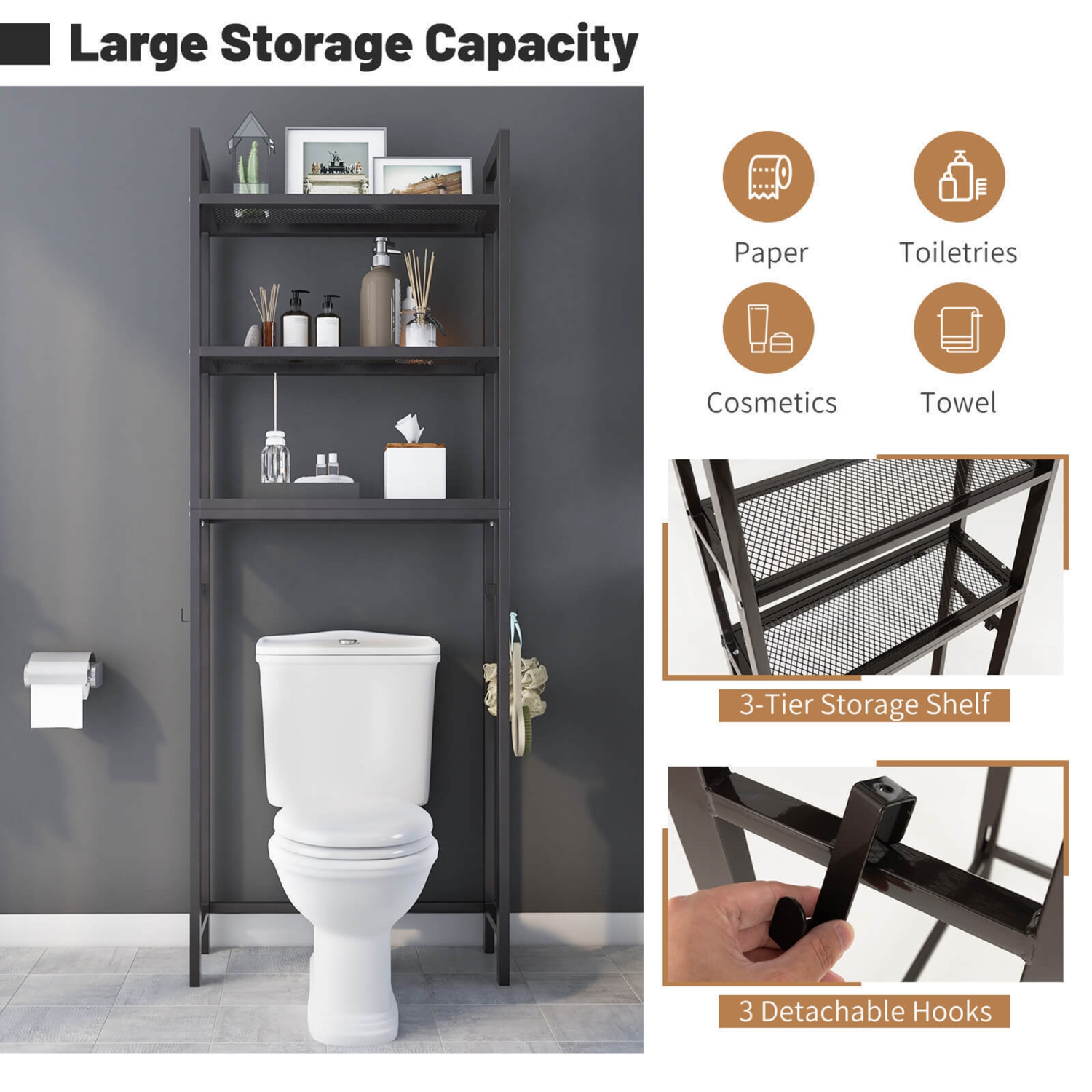 Gymax Over-The-Toilet Storage Shelf Space Saving Metal Bathroom Organizer Hooks Brown