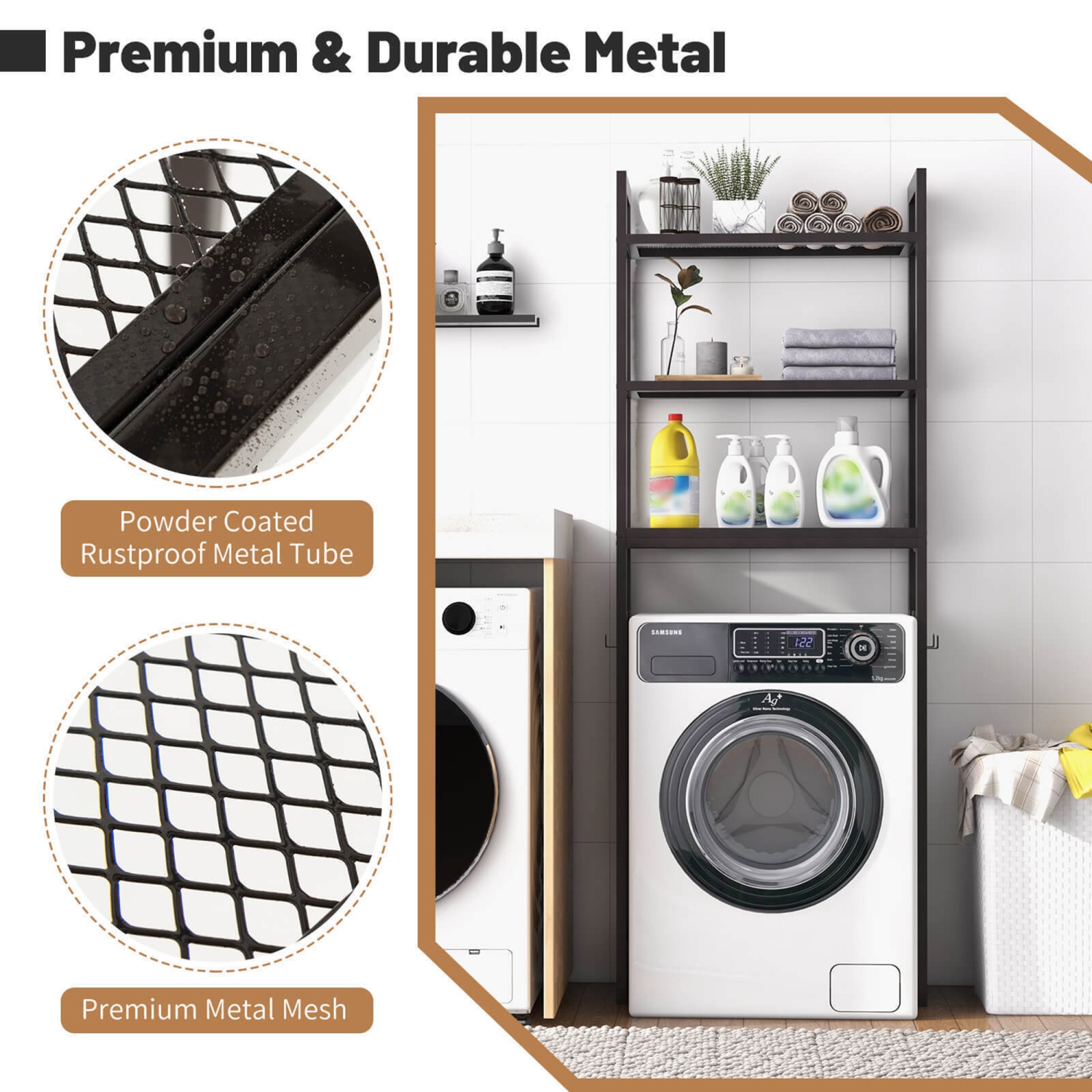 Gymax Over-The-Toilet Storage Shelf Space Saving Metal Bathroom Organizer Hooks Brown