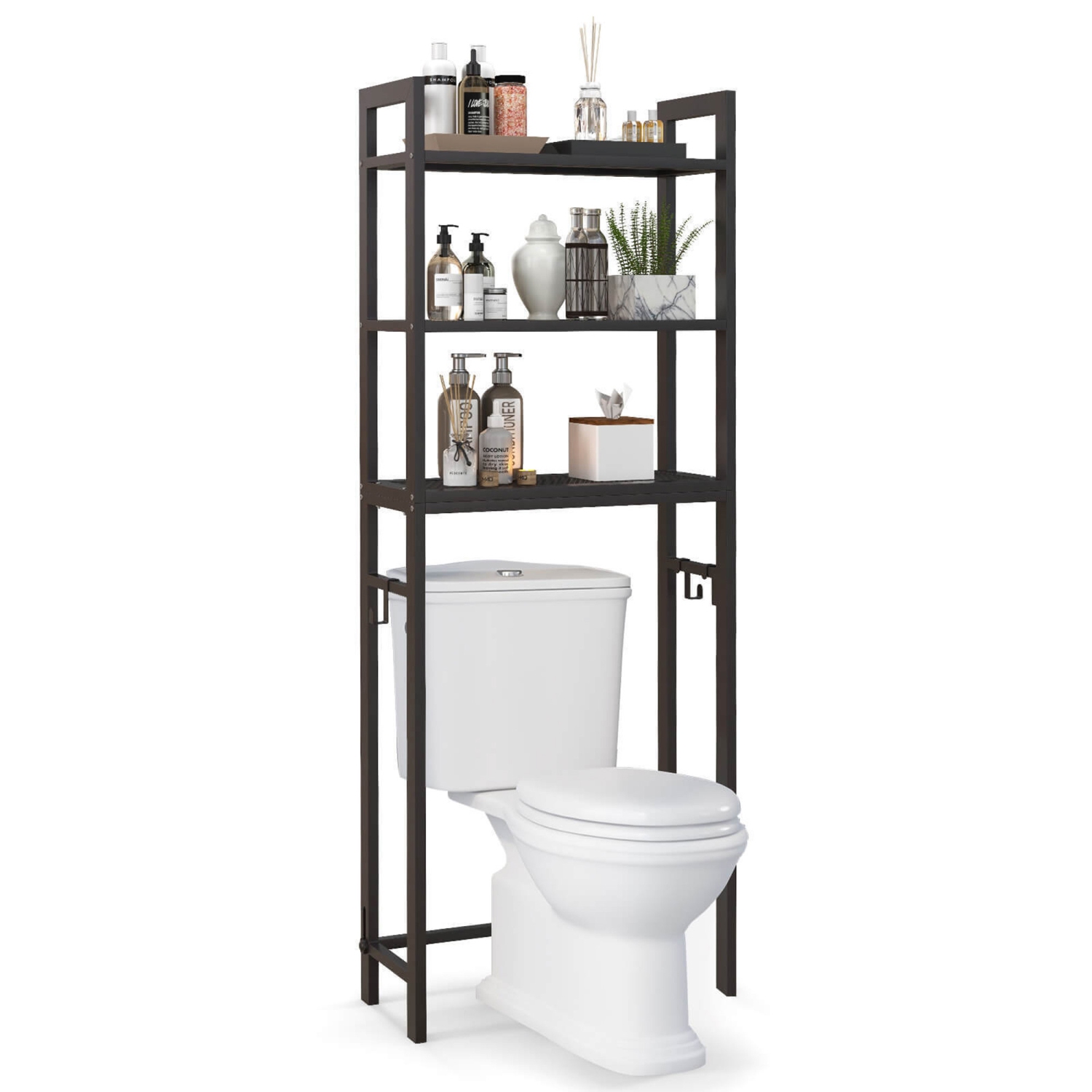 Gymax Over-The-Toilet Storage Shelf Space Saving Metal Bathroom Organizer Hooks Brown
