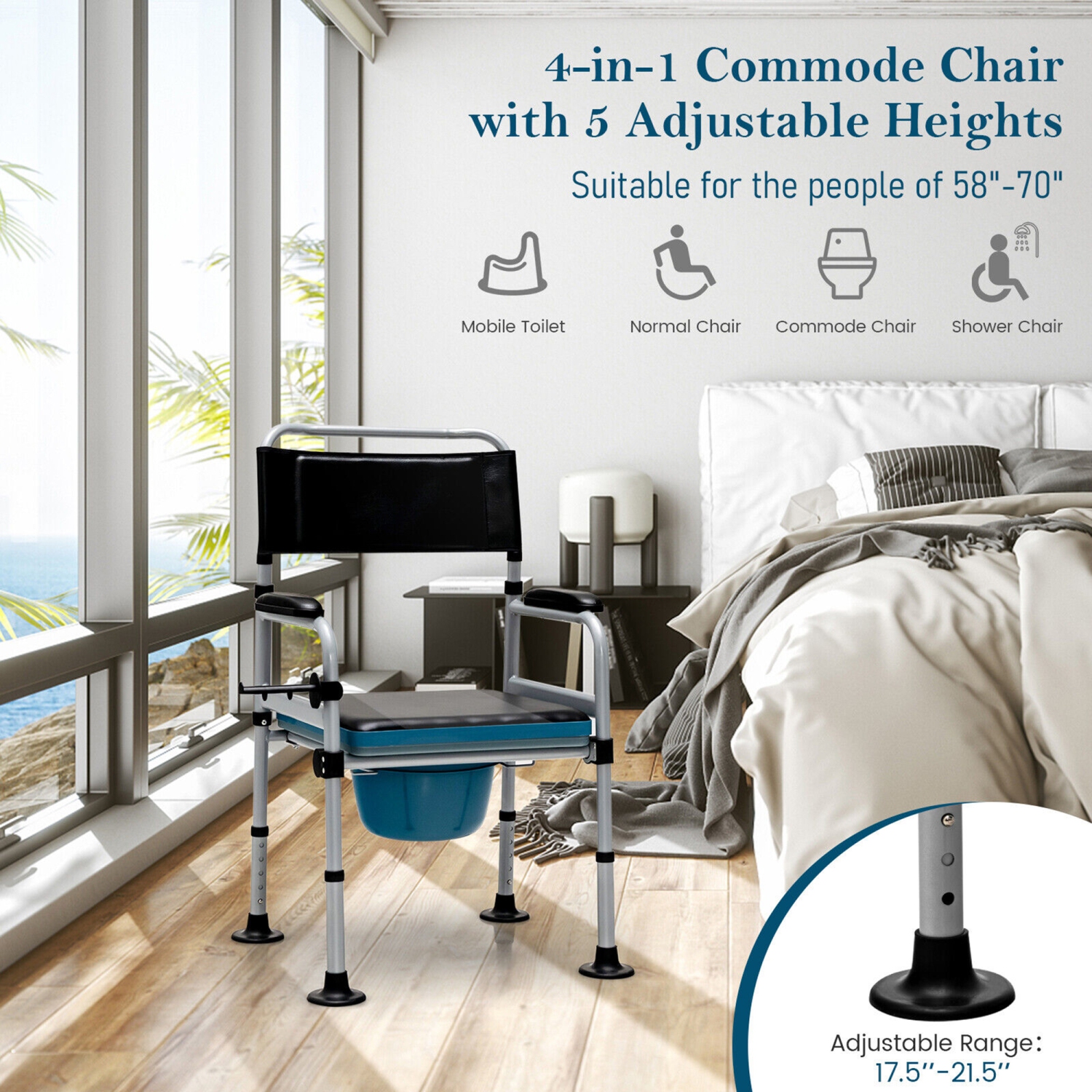 Gymax 4-in-1 Bedside Commode Folding Toilet Chair w/ Detachable Bucket for Seniors