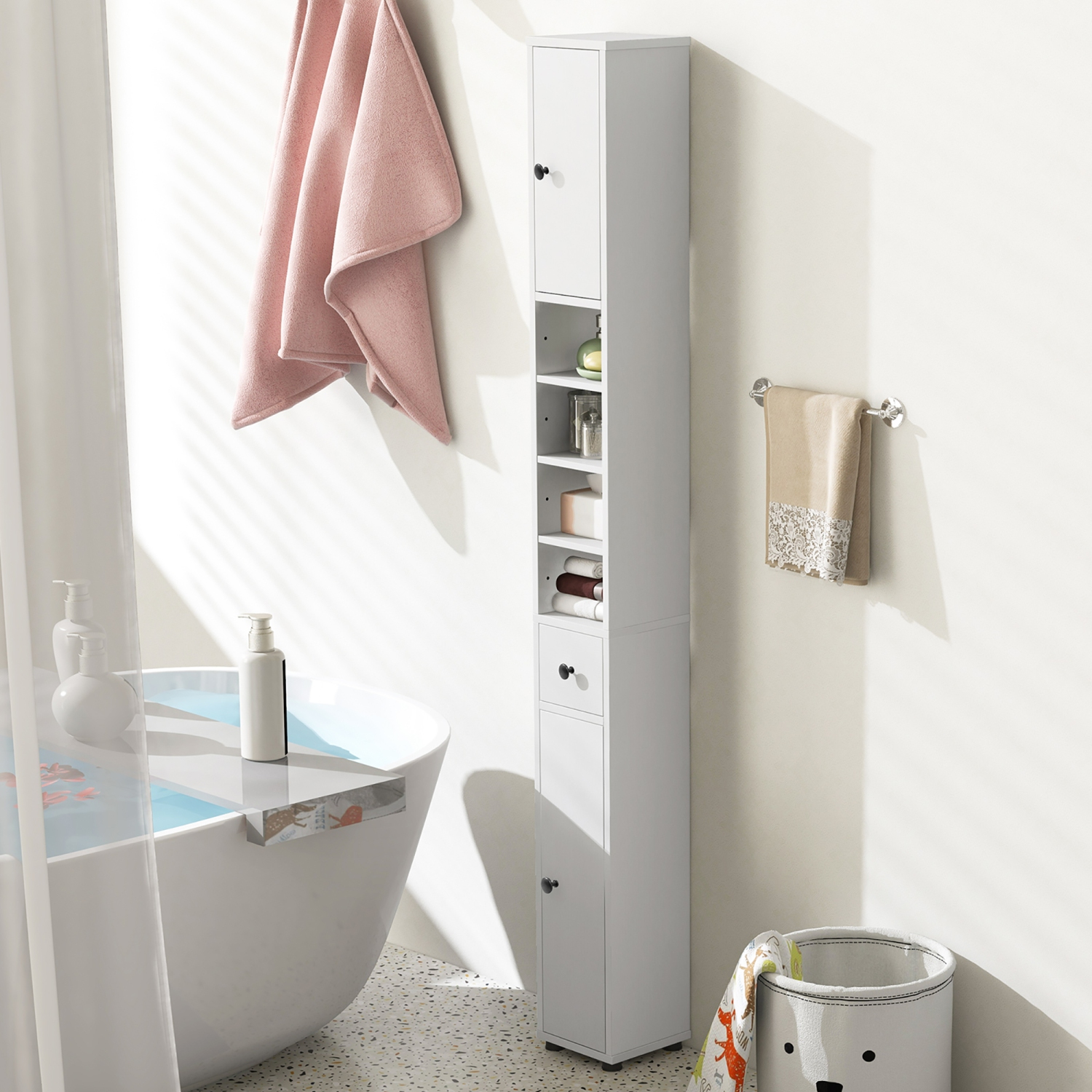 Gymax Tall Slim Bathroom Storage Cabinet Linen Tower w/ Drawer & Adjustable Shelves