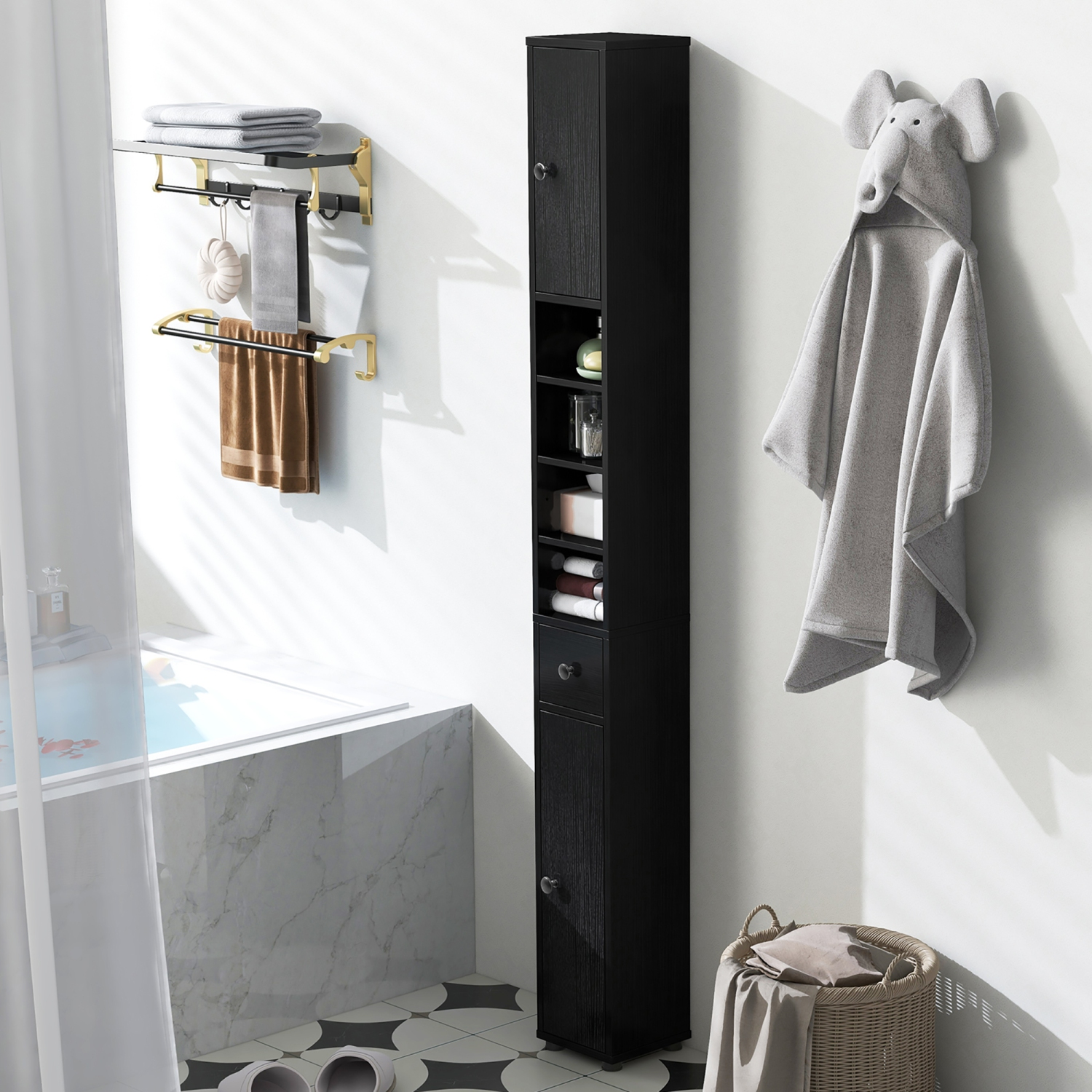 Gymax Tall Slim Bathroom Storage Cabinet Linen Tower w/Drawer Adjustable Shelves