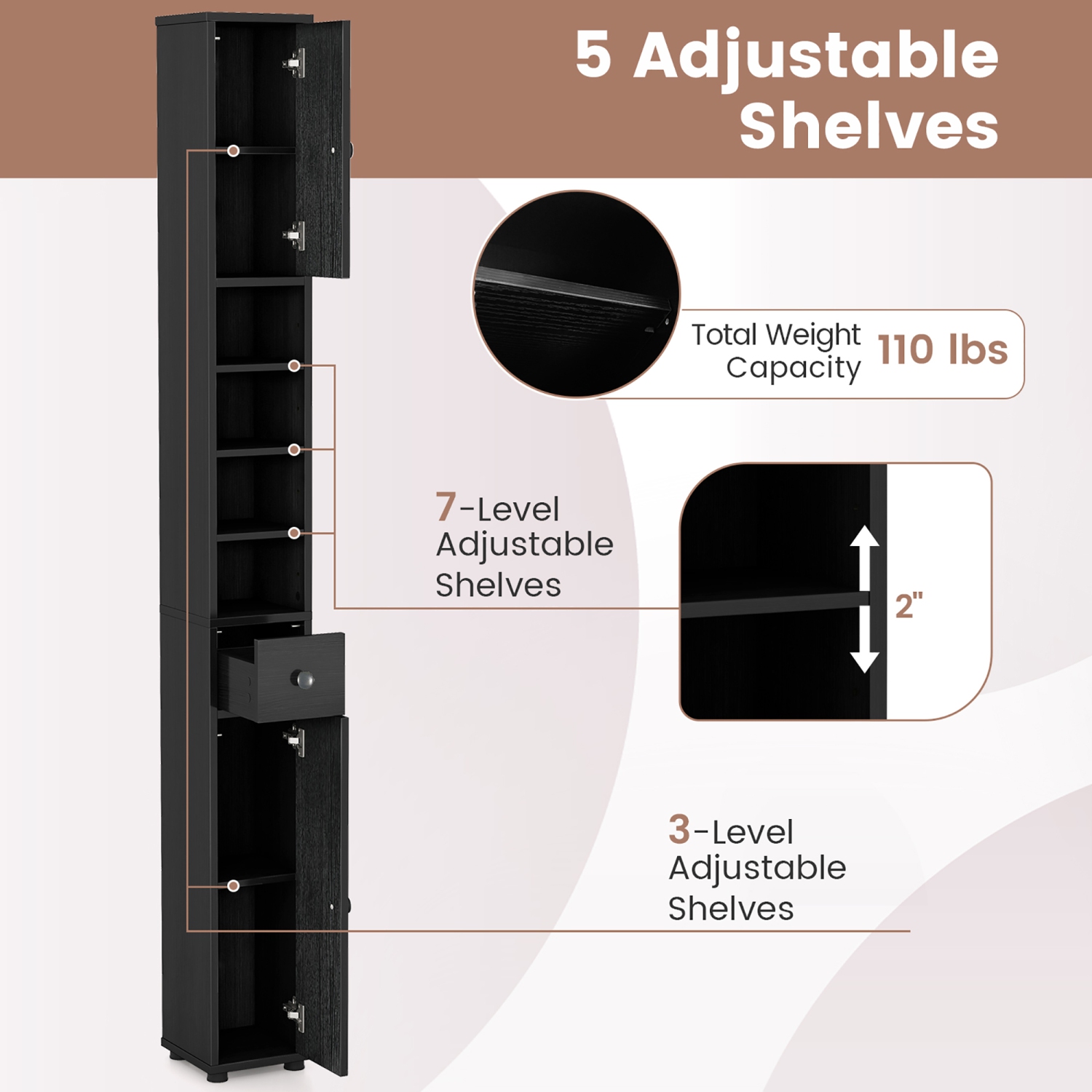 Gymax Tall Slim Bathroom Storage Cabinet Linen Tower w/Drawer Adjustable Shelves