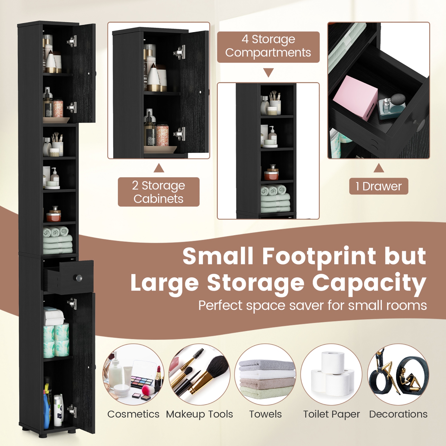 Gymax Tall Slim Bathroom Storage Cabinet Linen Tower w/Drawer Adjustable Shelves