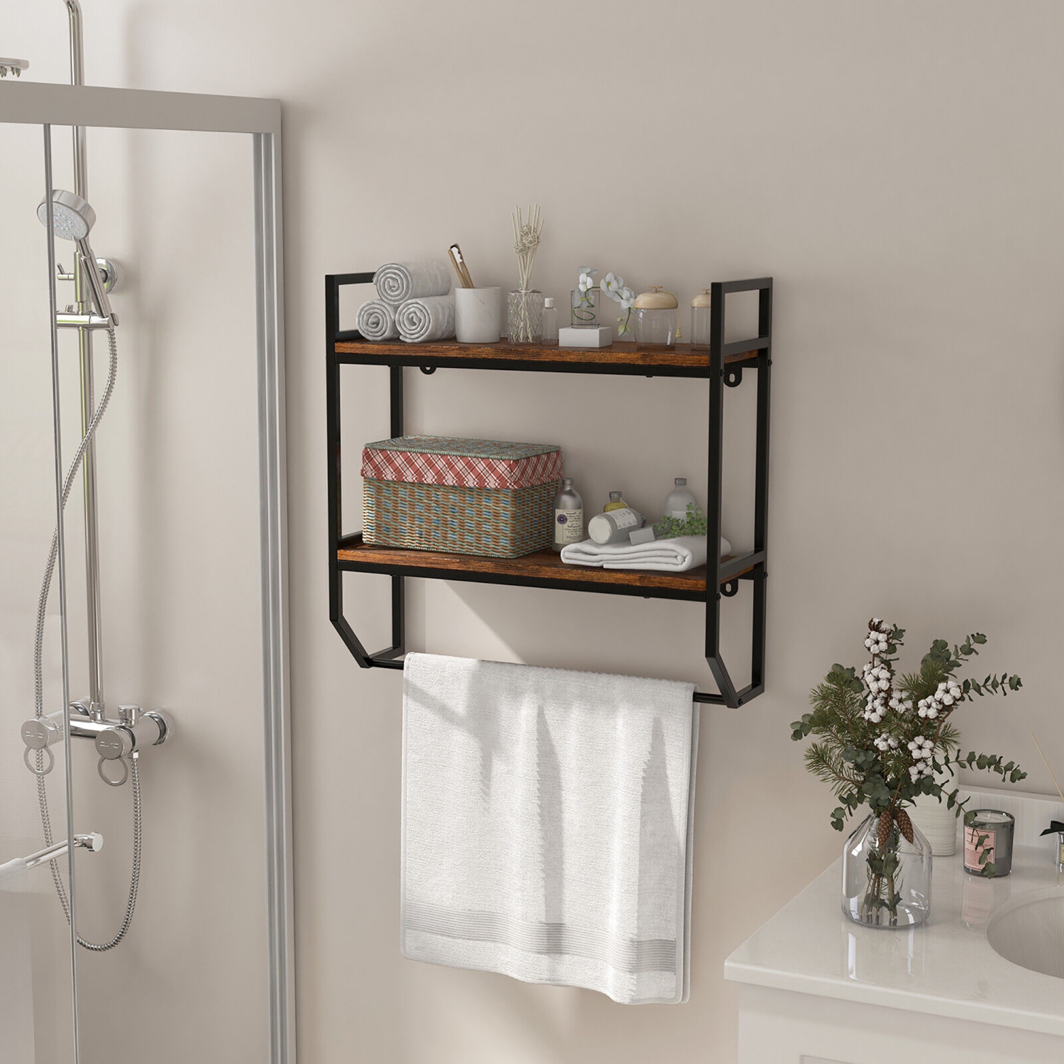 Gymax Wall Mounted Bathroom Shelf Industrial 2-Tier Storage Rack w/ Towel Bar Kitchen