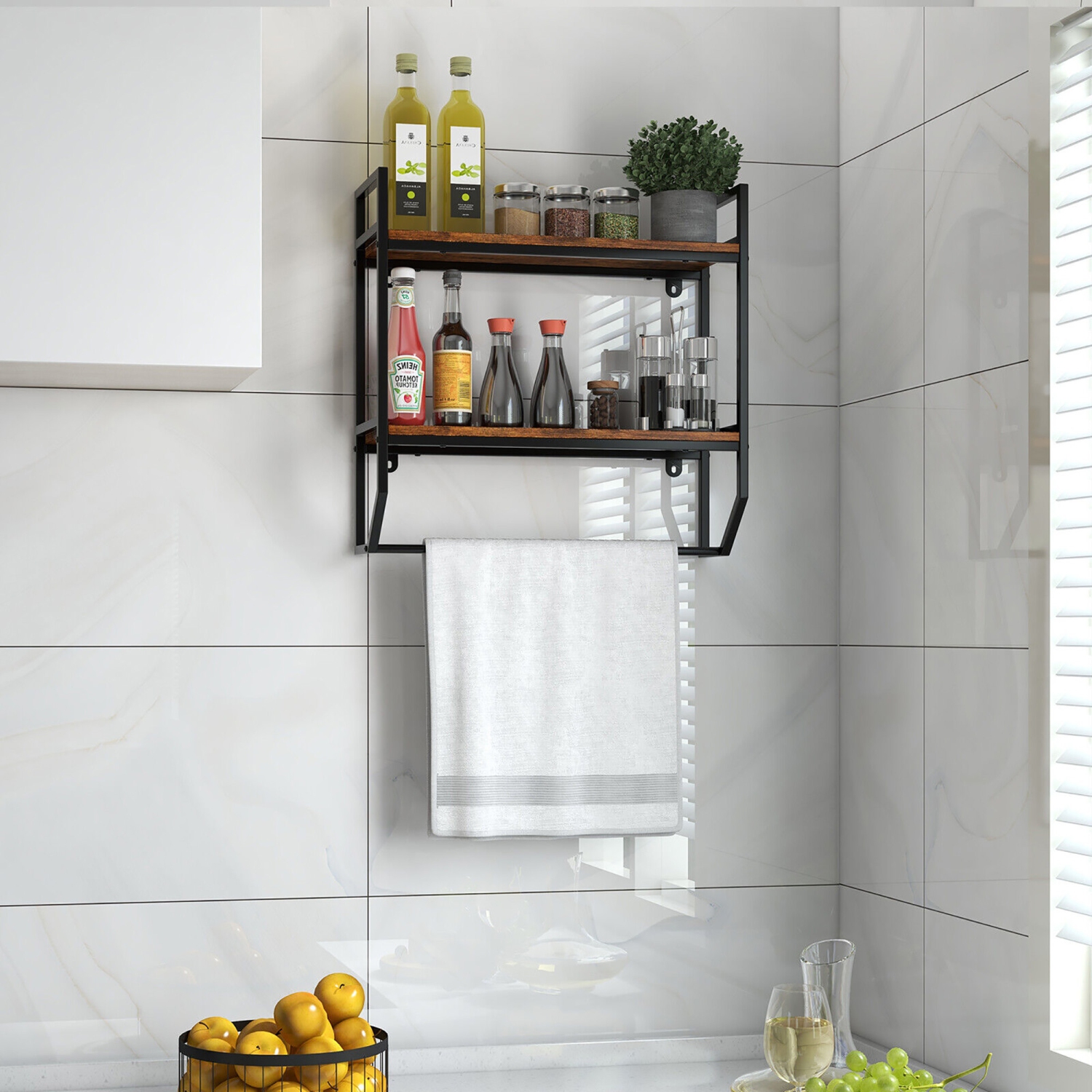 Gymax Wall Mounted Bathroom Shelf Industrial 2-Tier Storage Rack w/ Towel Bar Kitchen