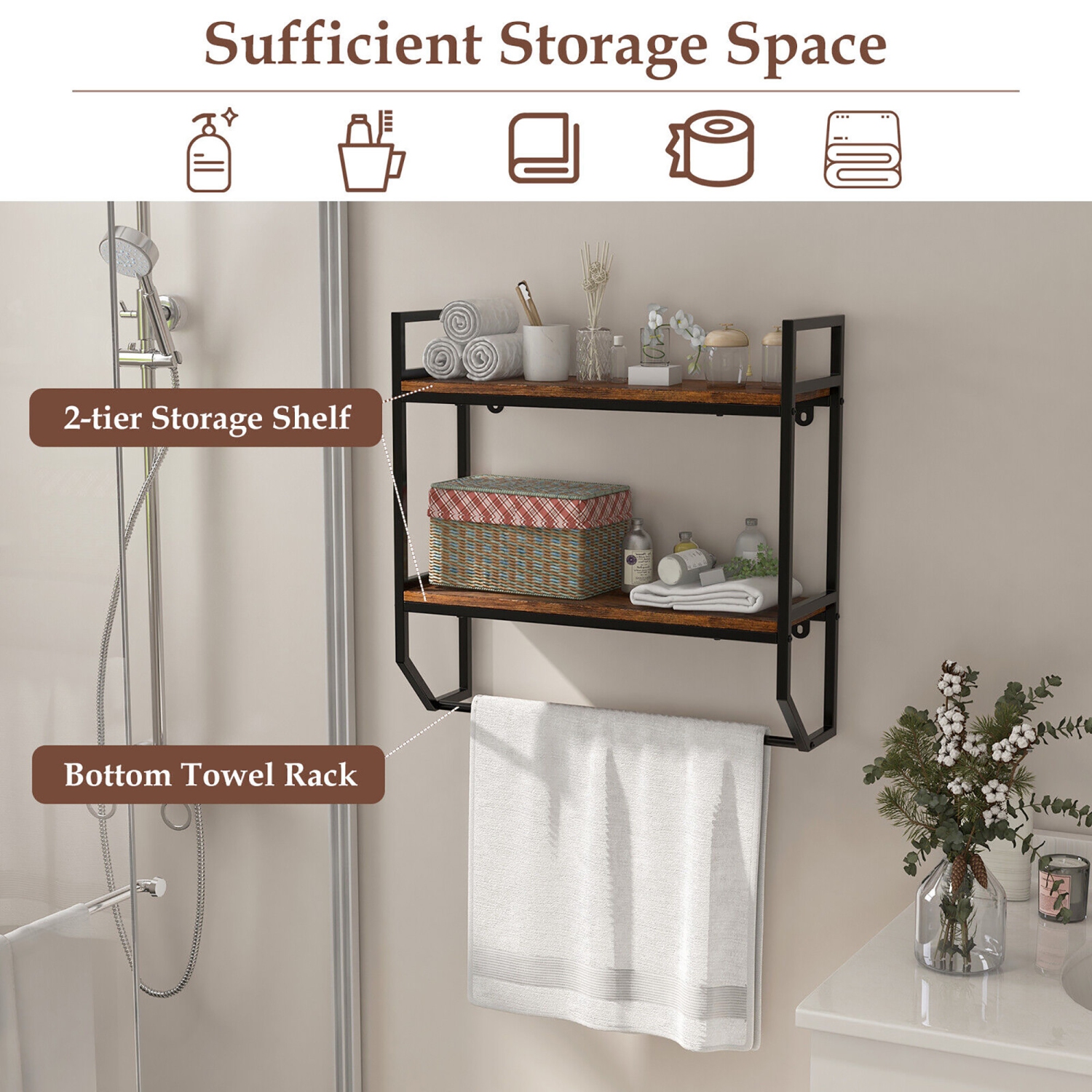 Gymax Wall Mounted Bathroom Shelf Industrial 2-Tier Storage Rack w/ Towel Bar Kitchen