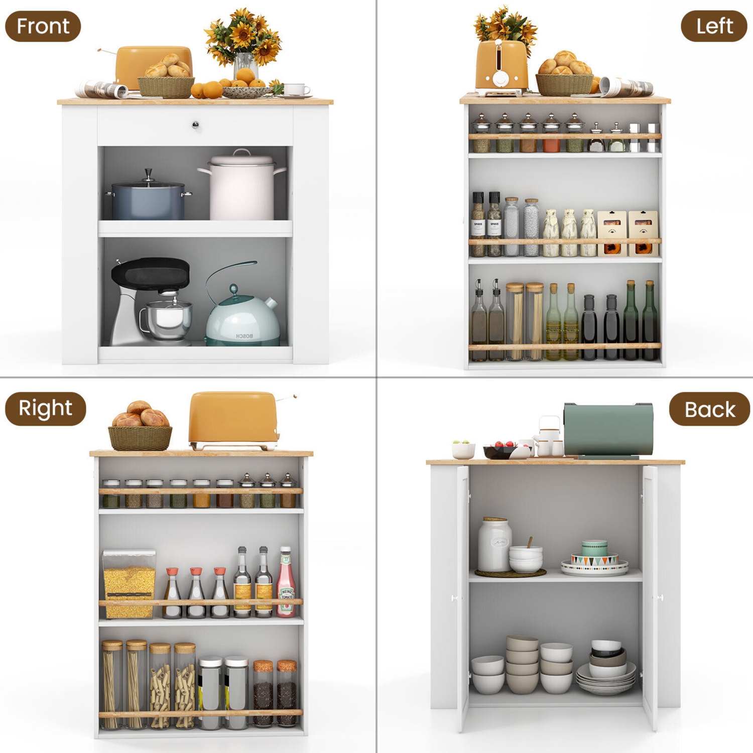 Gymax Kitchen Island w/Storage Rubber Wood Countertop 2-Door Cabinet Drawer Sideboard