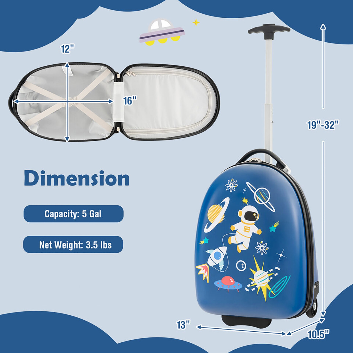 Gymax 16'' Kids Carry-On Luggage with Wheels w/ 2-Level Aluminum Handle Suitcase Blue