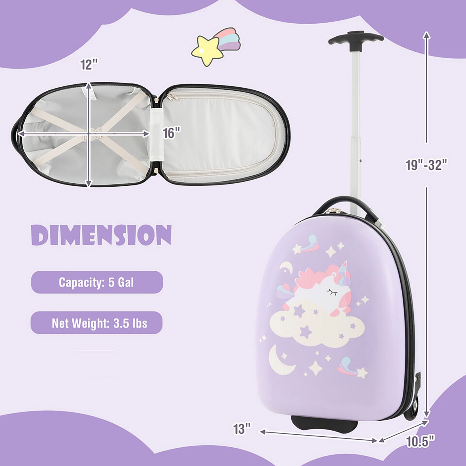 Gymax 16'' Kids Carry-On Luggage with Wheels w/ 2-Level Aluminum Handle Suitcase Purple