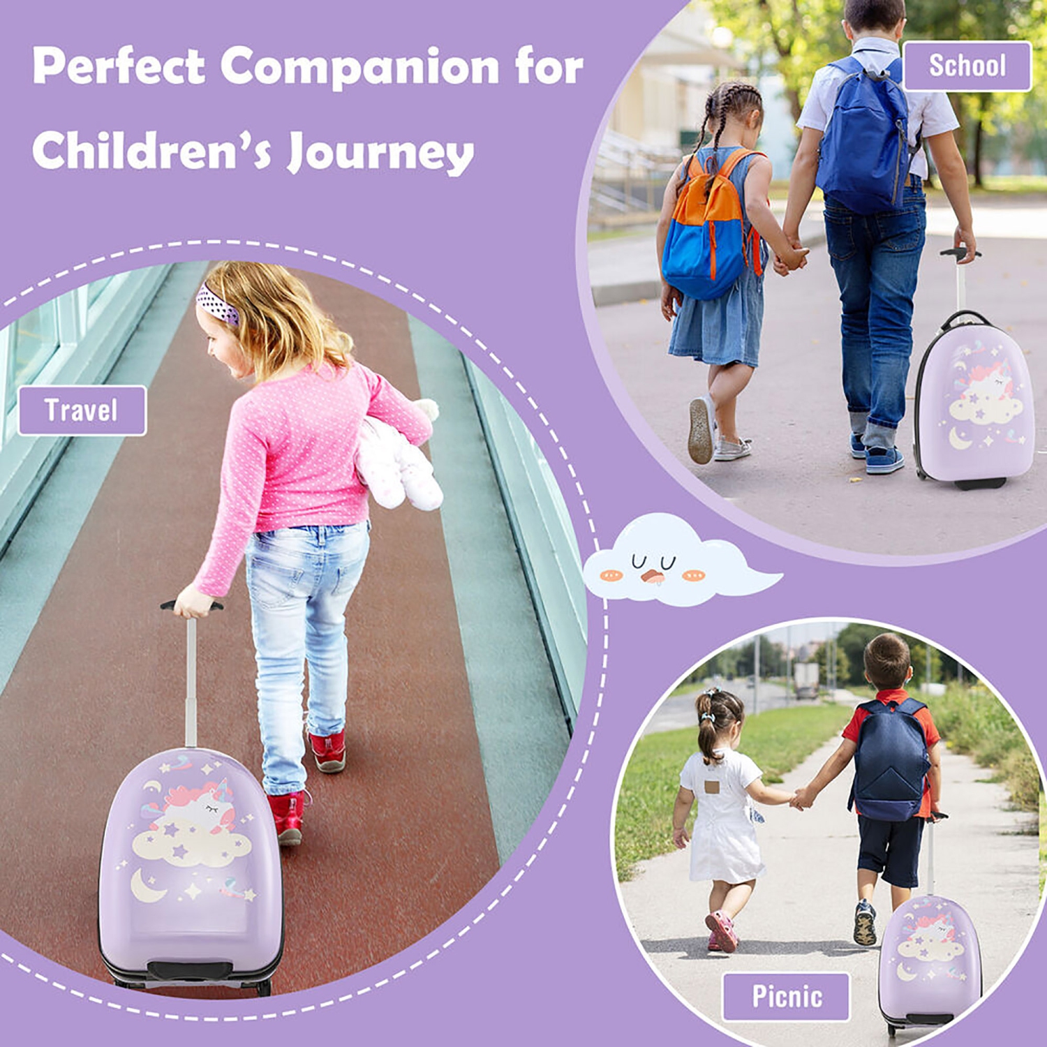 Gymax 16'' Kids Carry-On Luggage with Wheels w/ 2-Level Aluminum Handle Suitcase Purple