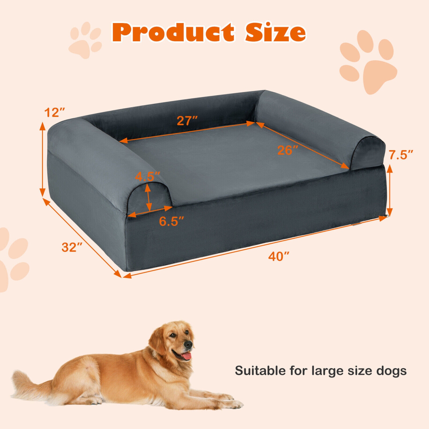 Gymax Cooling Gel Dog Bed for Large Dogs with Removable Bolsters
